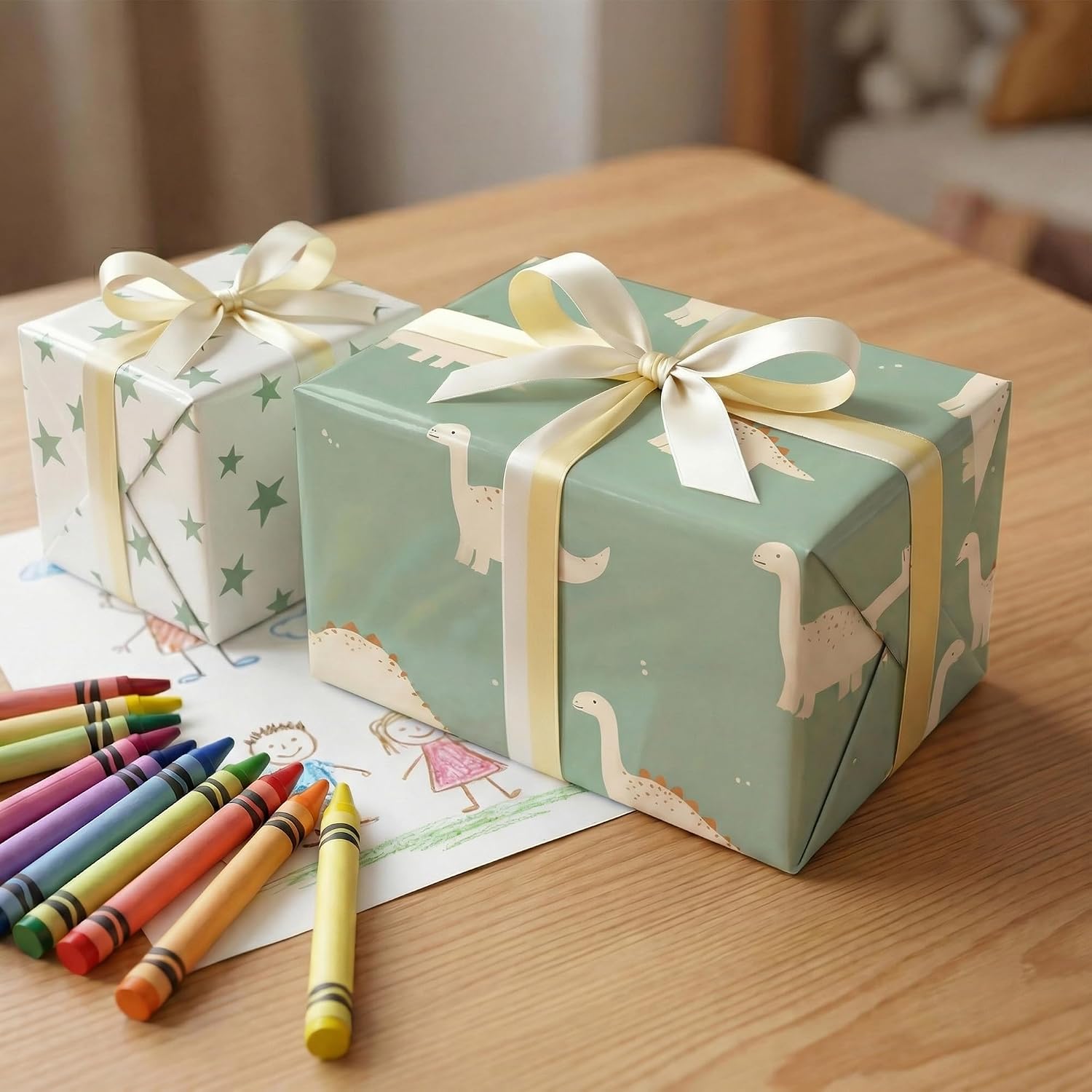 SaringSwoon Sage Green Baby Shower Wrapping Paper Roll for Kids Boys Girls - Reversible Gift Wrap With Cute Dinosaur and Star Design for Baby Shower, Birthday - 17.5 Inches * 16.5 Ft