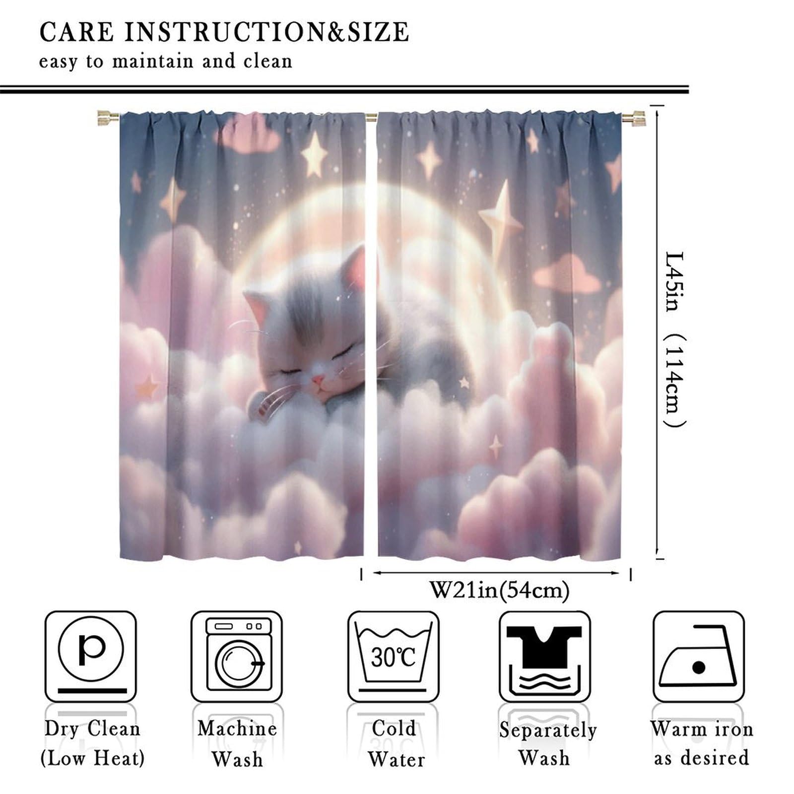 Hazuff Cartoon Cat Curtains, Pink Clouds Stars and Moon Cute Cat Sleeping Pattern Windows Treatments, Thermal Insulation Rod Pocket Drapes for Girls Kids Living Room Bedroom 42x45in?No Blackout?