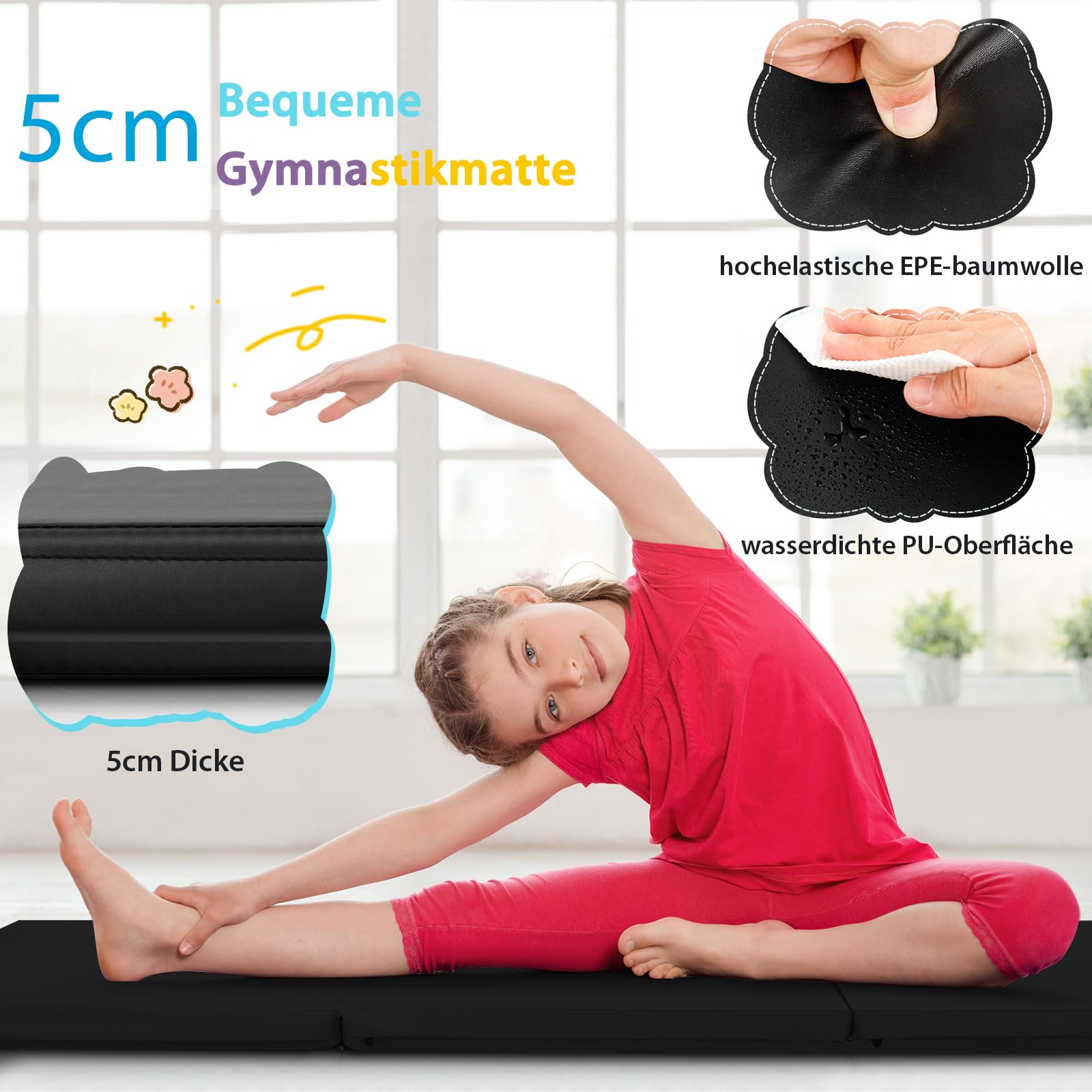 GYMAX Esterilla de Gimnasia 180 x 60 x 5 cm, Colchoneta Plegable Gimnasia con Cierre de Velcro y Asas de Transporte, Esterilla para Gimnasia, Yoga y Ejercicio Deportiva