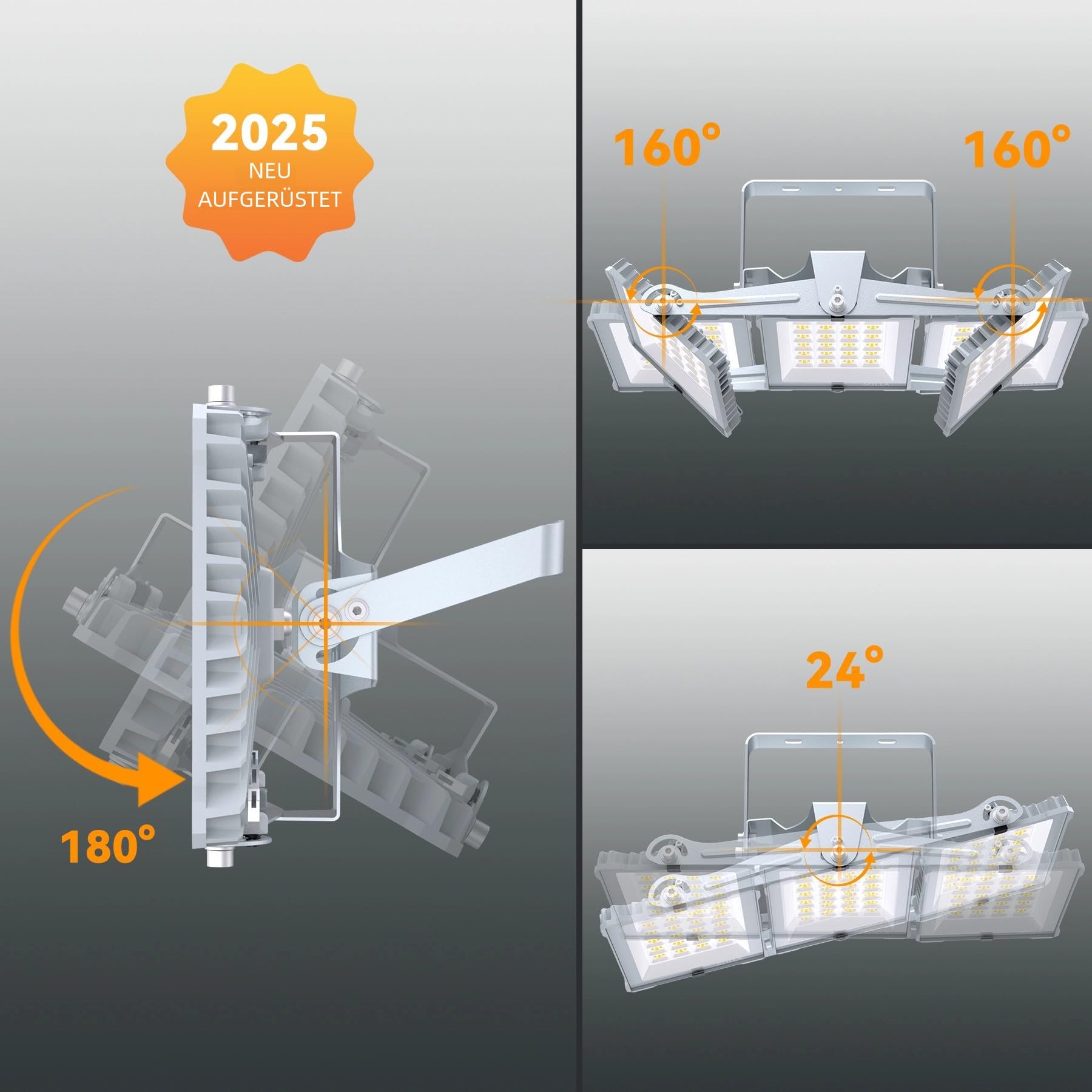 SOLLA 300W LED-Flutlicht für den Außenbereich, Ultra Bright 30000LM 6000K Daylight White IP66 Waterproof, Stadium Lights, 3 Heads Outdoor Floodlight Security Lights for Yards, Patios, Street-Grau