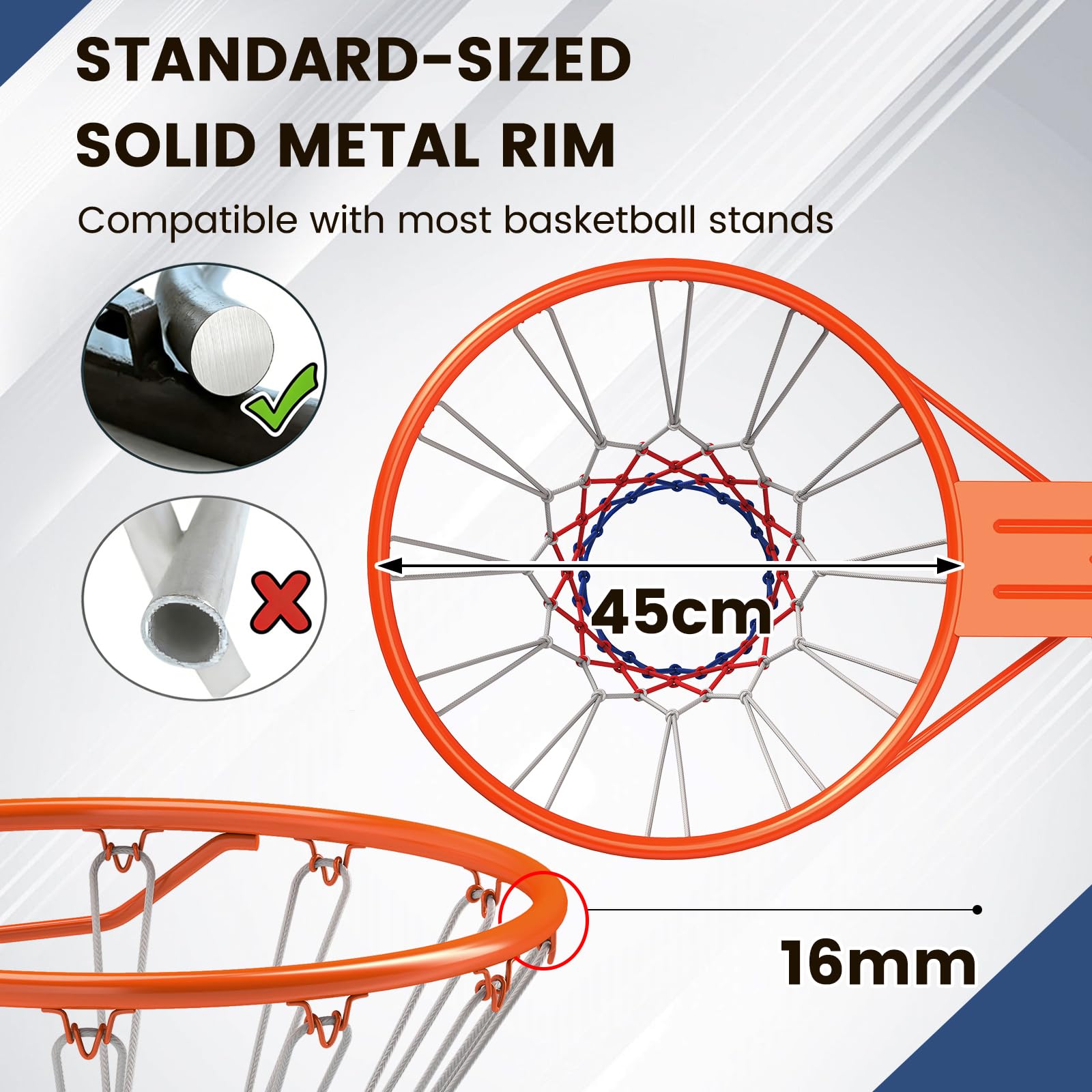 LIFEZEAL Ø45 cm Basketballkorb Wandmontage, Basketballring Solid/Hohl mit Wandhalterung & Netz, Basketballreifen Basketball Hoop für drinnen und draußen