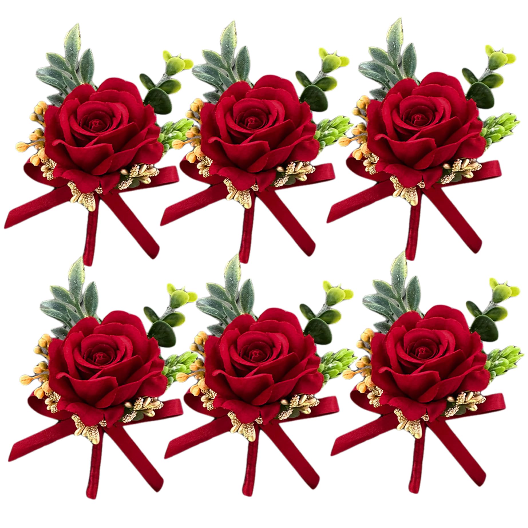 Lot de 6 Boutons de Roses Rouges pour Homme Exquis boutonnière Romantique avec épingle 5x3,5 Pouces Fleurs artificielles décoratives pour Mariage Bal Anniversaire fête