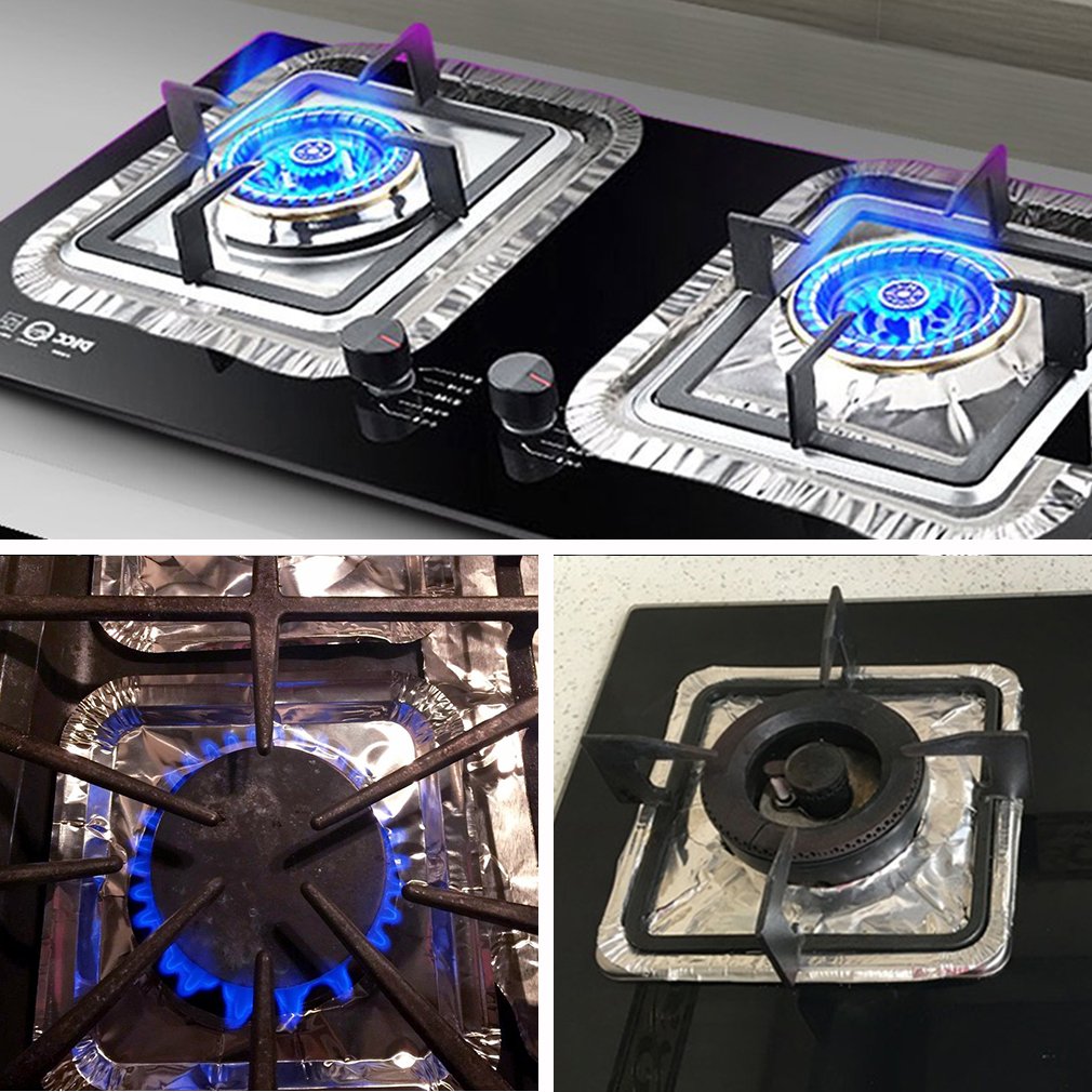 COCIDE 50 Pack Gas Burner Liners Aluminum Foil Square Stove Burner Covers Range Protectors Bib Liners Disposable Gas Burner Bibs Gas Top Liner Stove Aluminum Foil Drip Pans Easy Clean - (8.5" Square)