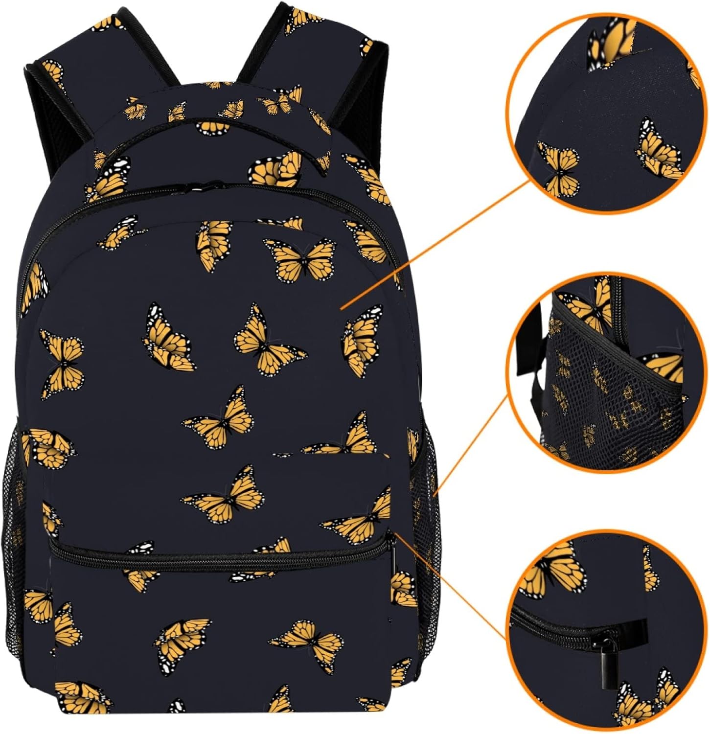 Yellow Butterfly Black Background School Backpack Medium Size, Travel Bag For Women Girls Men Boys Teens