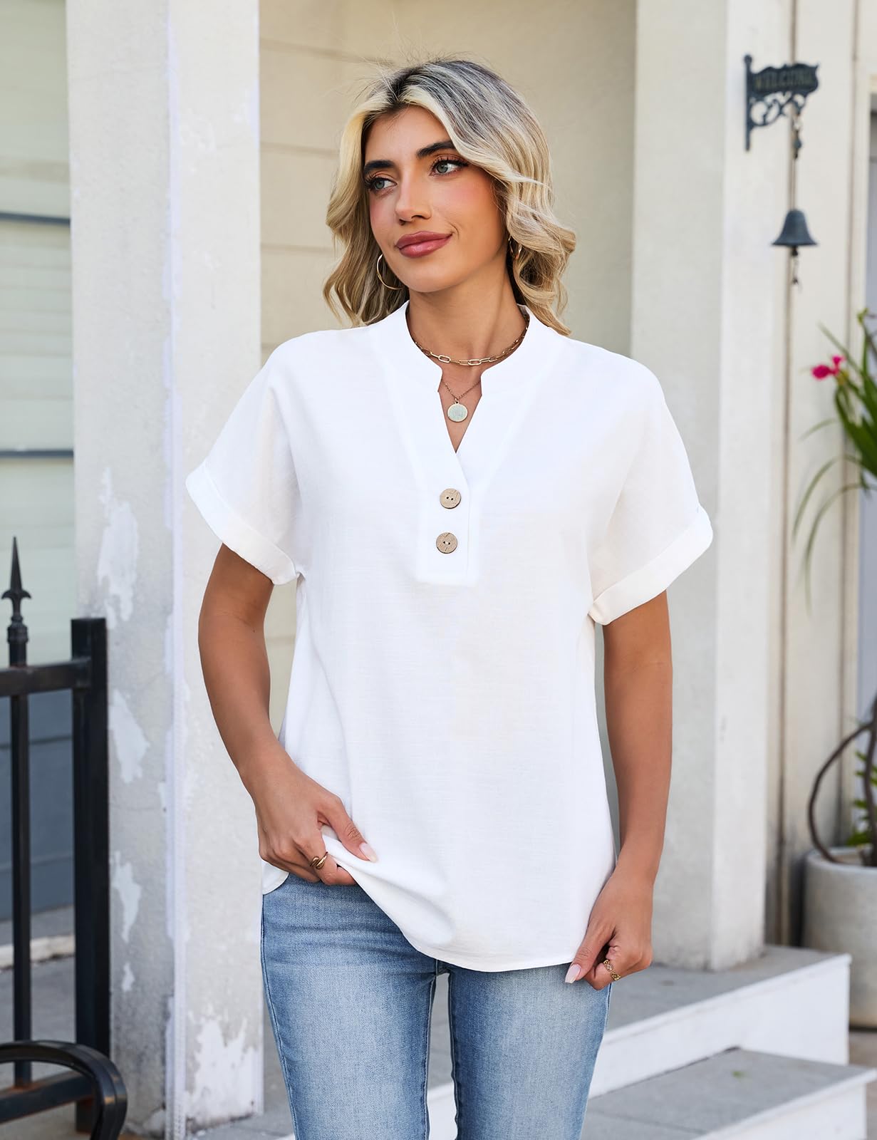 heekpek Leinenbluse Damen Sommer Kurzarm Musselin Bluse V-Ausschnitt Oberteile Damen Elegant Hemd Baumwolle Blusenshirt Lässig Blusentops Leicht Luftig Sommeroberteile