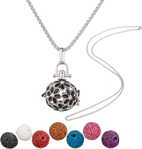 YoungJewl Collar difusor de aceite esencial, diamantes de imitación de crisantemo crema, con colgante de aromaterapia de cobre, 7 piezas de piedra