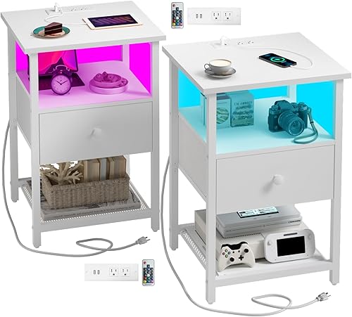 HDDDZSW Juego de 2 mesitas de noche LED con estación de carga, mesitas de noche con puertos USB y tomacorrientes, mesa auxiliar con cajón 2 en 1 de