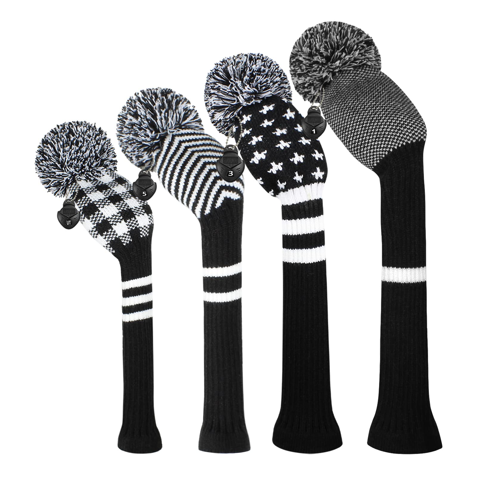 Scott Edward Knitted Golf Head Covers 4PCS Handmade Fit Well for Driver and Fairway Woods with Long Neck Pom Pom Golf Club Headcovers Set Colorful Multiple Colors