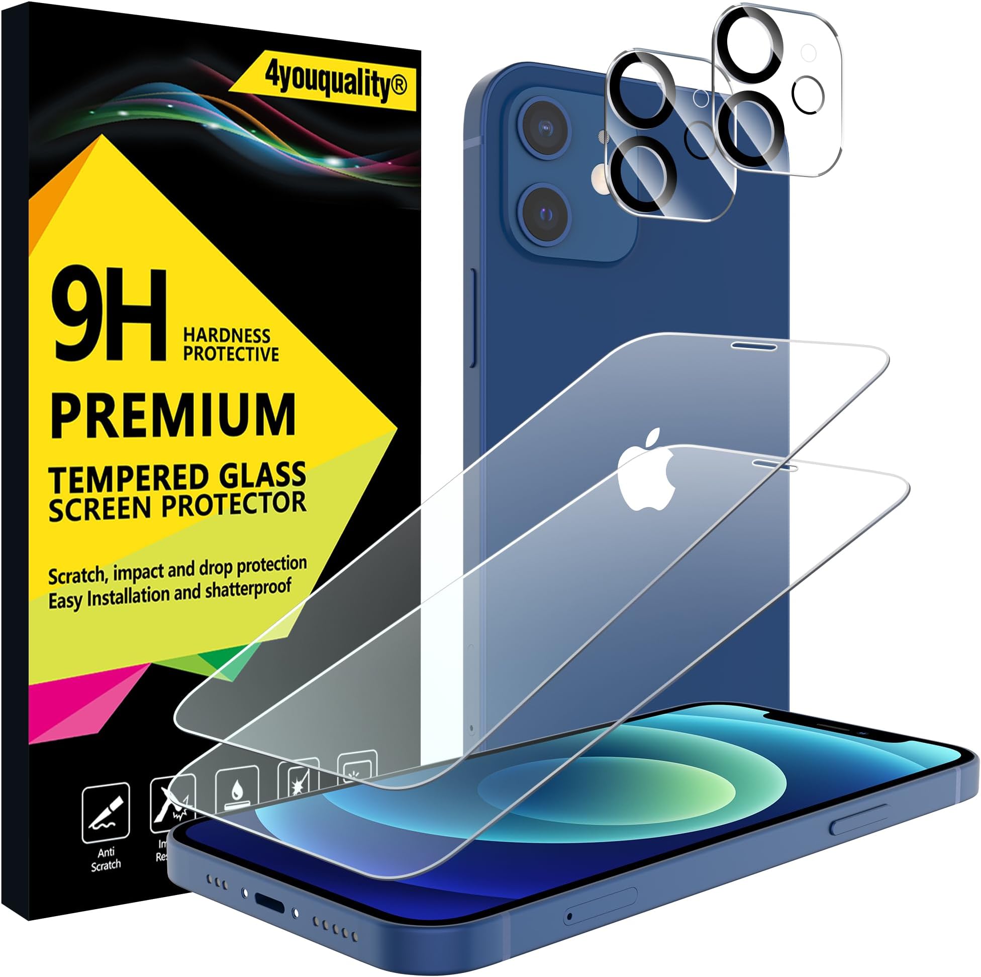 [4-in-1 Screen Protector for iPhone 12 with Camera Lens Protector, Tempered Glass Film, 2-Pack Each, [LifetimeSupport][Impact-Resistant][Anti-Scratch][Ultra-Transparent]