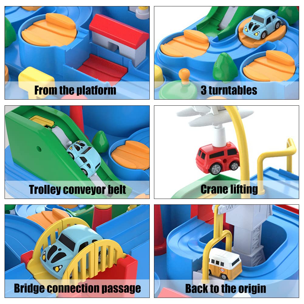 Adventure Car Kid Toys, Garage Voiture Enfants 4 en 1 Piste Aventure de Voiture Jouet, Jouet Montessori Éducatif Interactif de Véhicule pour Garçon Fille