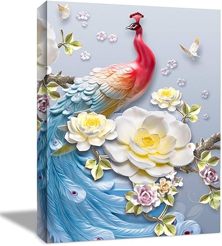 Miniatura 155 de Looife Lienzo decorativo para pared de pavo real, 16 x 32 pulgadas, pájaros verde azulado con flores, decoración de pared para decoración de DW148