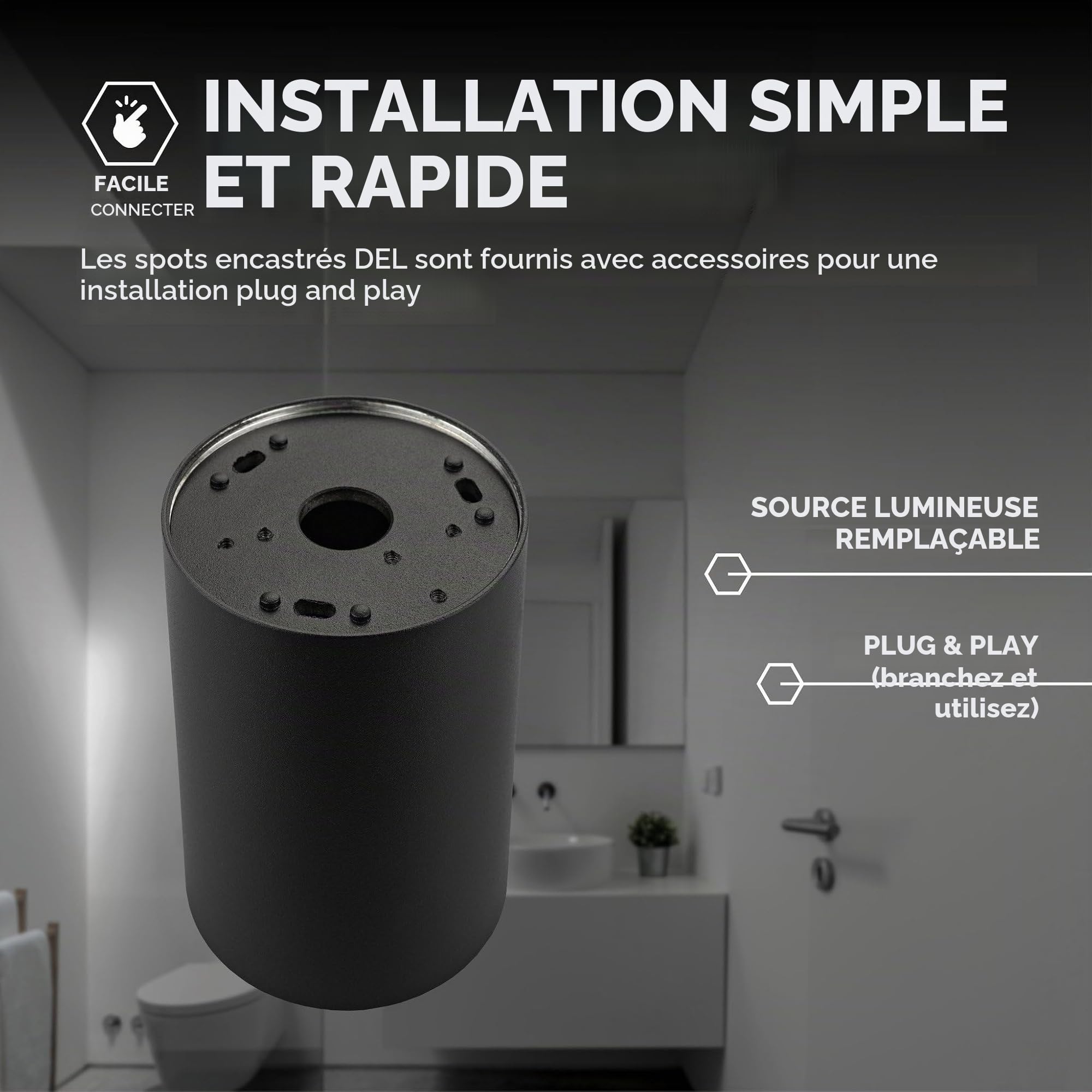 Ledvion lot de 6 spot LED en saillie noir rond 3W blanc chaud dimmable