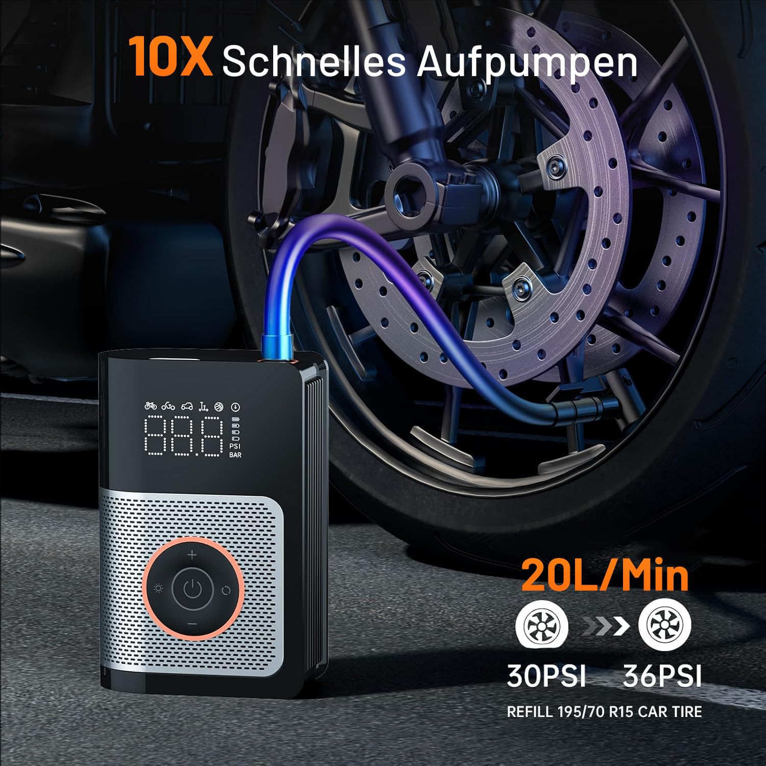 Bomba de aire eléctrica, bomba de aire eléctrica con batería de 150 psi, bomba de aire eléctrica con pantalla LED, 6 modos, bomba de aire para coches, motos, bicicletas y pelotas, PowerPump 360