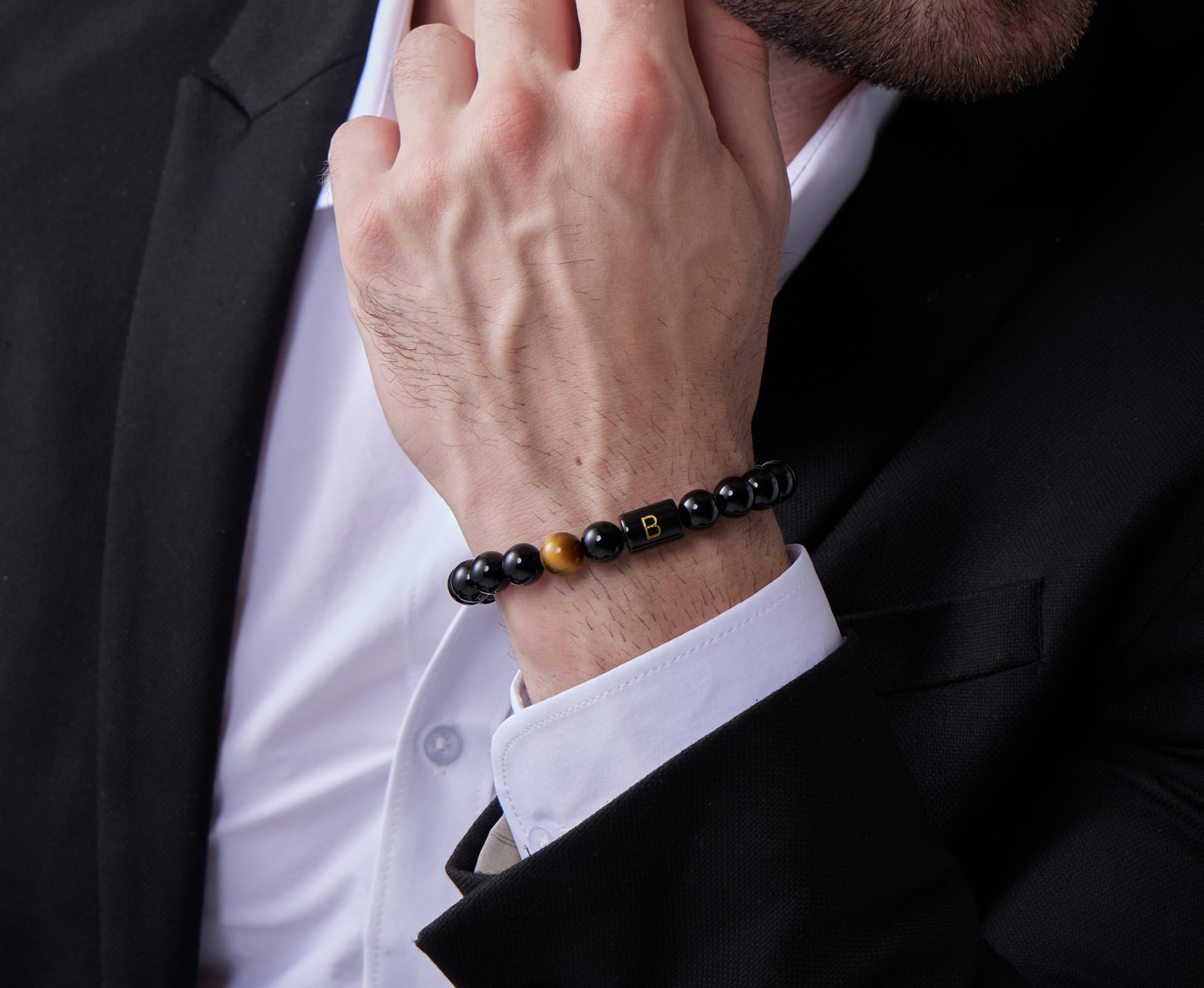 FRG Initials Bracelets for Men Letter Link Handmade Natural Black Onyx Tiger Eye Stone Beads Braided Rope Meaningful Bracelet