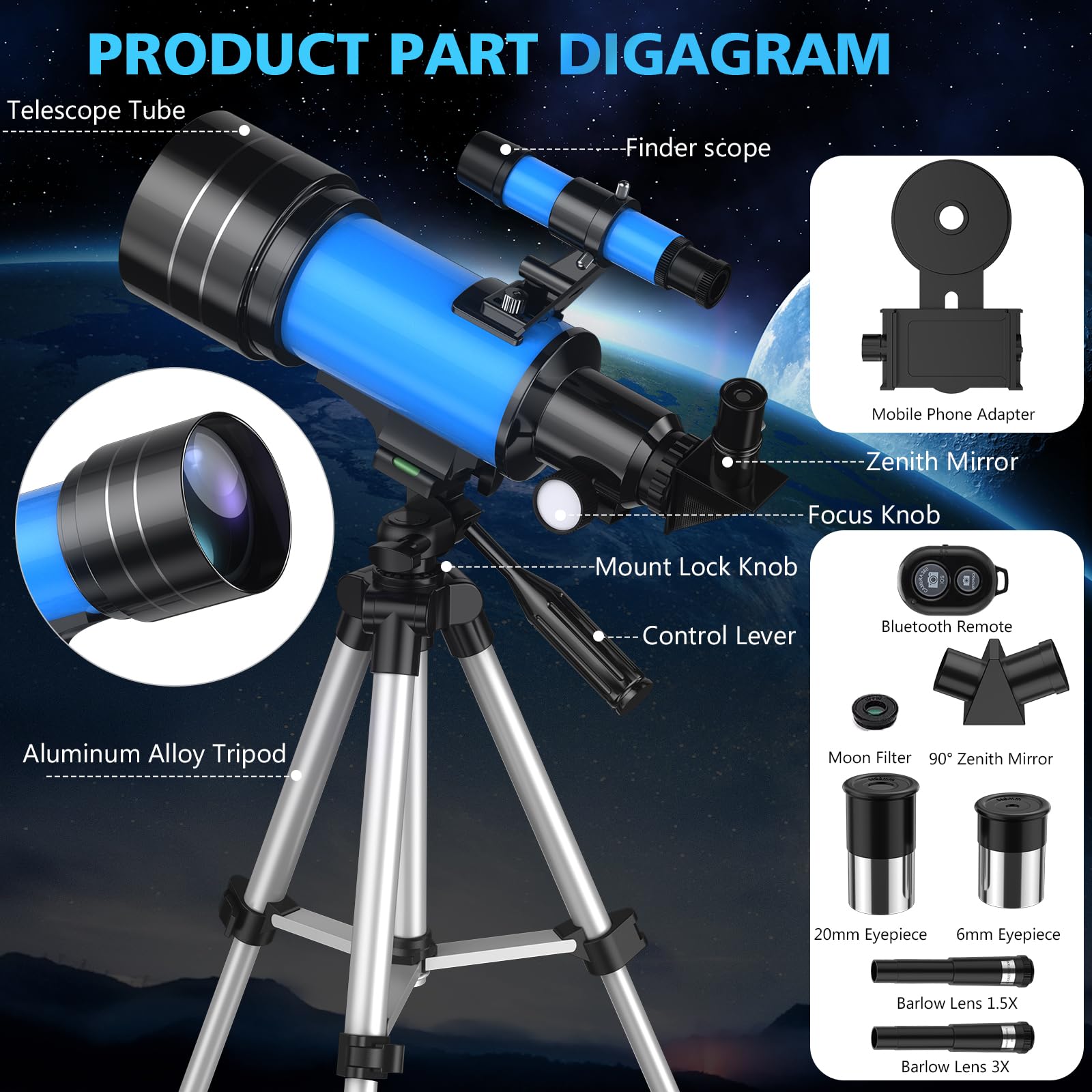 Télescope 70MM Ouverture pour Adultes Enfants débutants en Astronomie, Telescope astronomique réfracteur entièrement Multicouche à Haute Transmission, Trépied, Adaptateur Téléphone,Télécommande