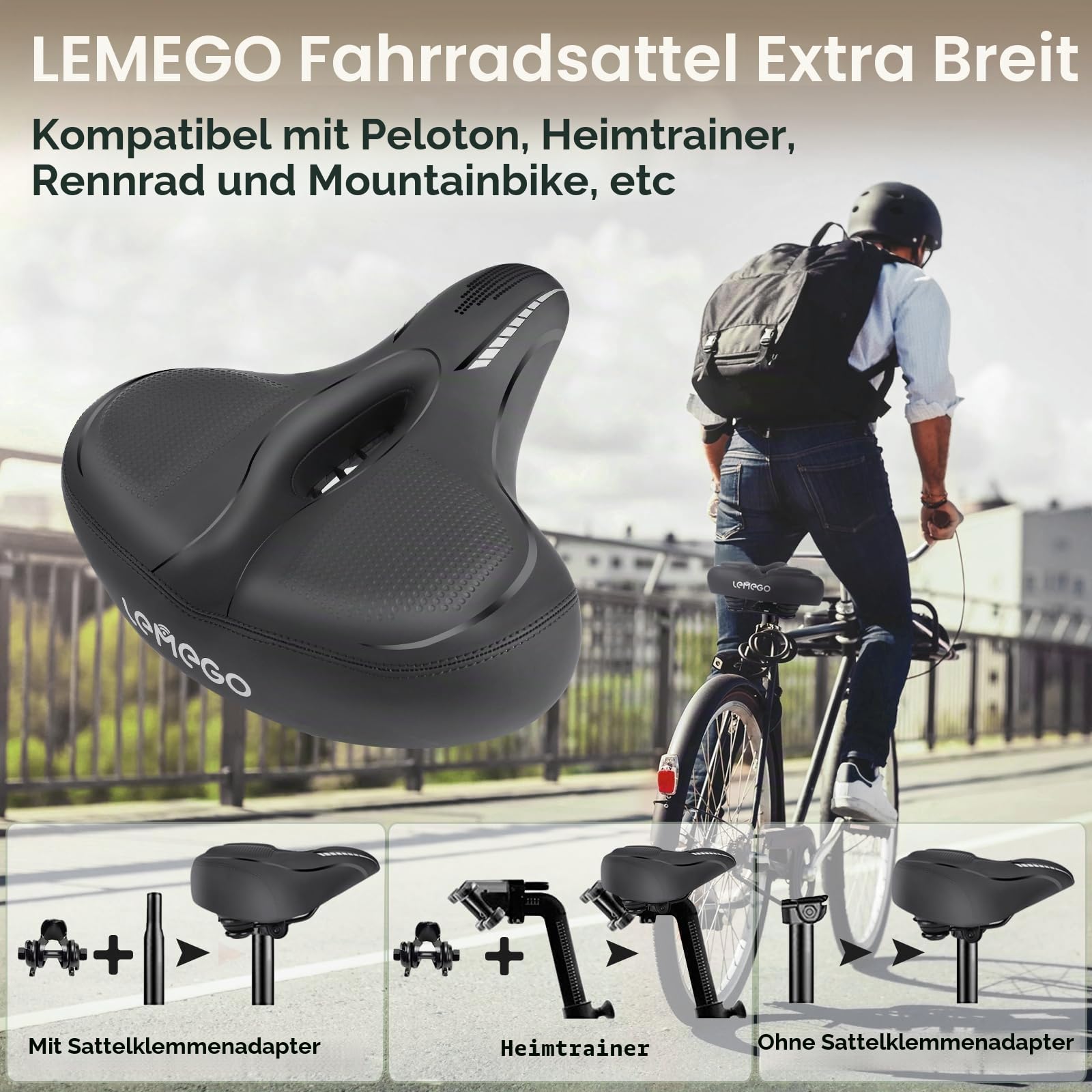 Fahrradsattel Herren Damen Bequem Übergroßer, LEMEGO Fahrrad Sattel Extra Breit Weich Polster Ergonomisch Universal Ersatz Gel Fahrradsitz für MTB, Mountainbike, Heimtrainer, Ebike, Rennrad, Cityrad Sport & Freizeit