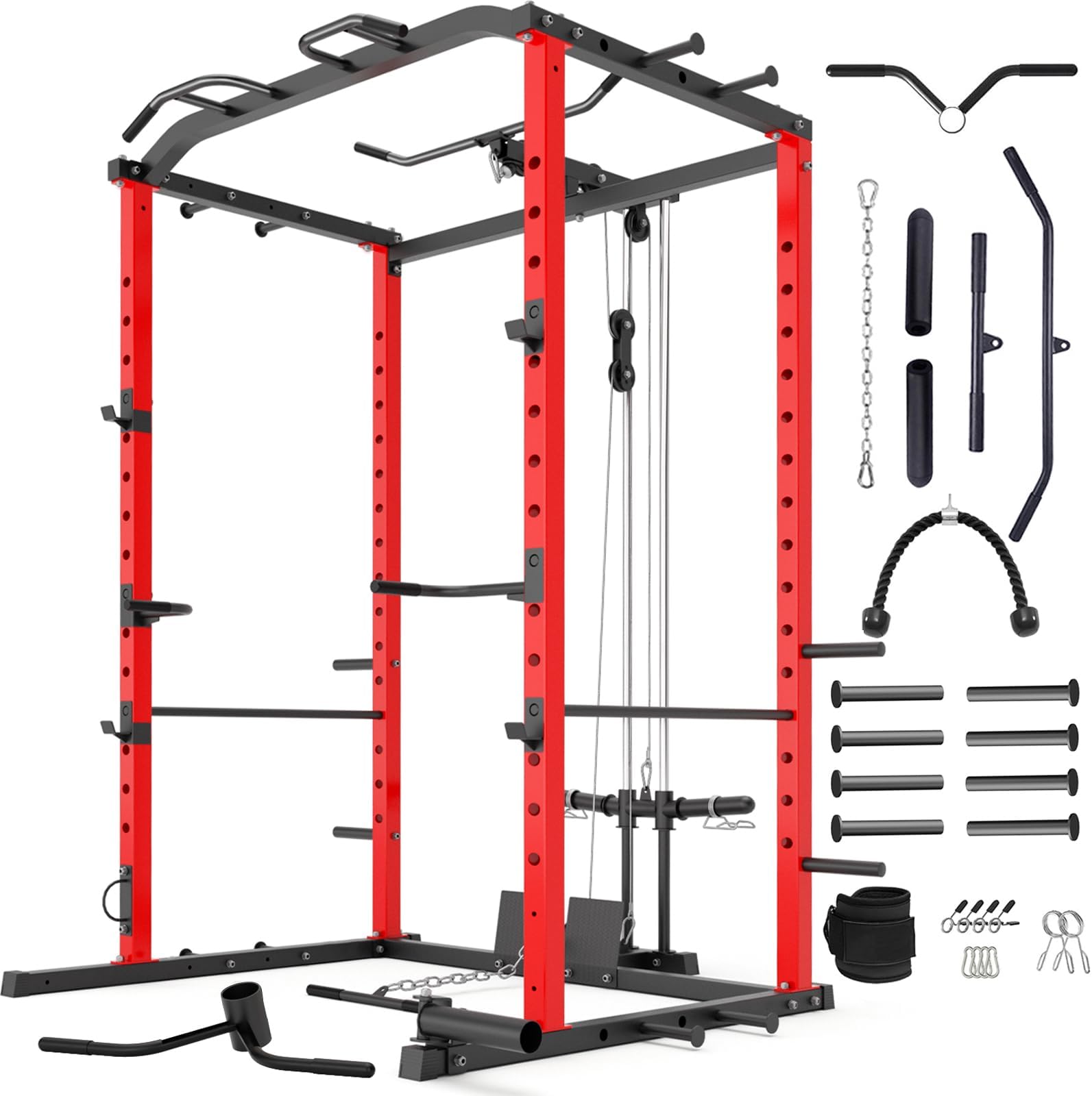 VANSWE Power Cage with LAT Pulldown Attachment, 1200-Pound Capacity Power Rack Full Home Gym Equipment with Multi-Grip Pull-up Bar, Landmine, T bar and Dip Handle