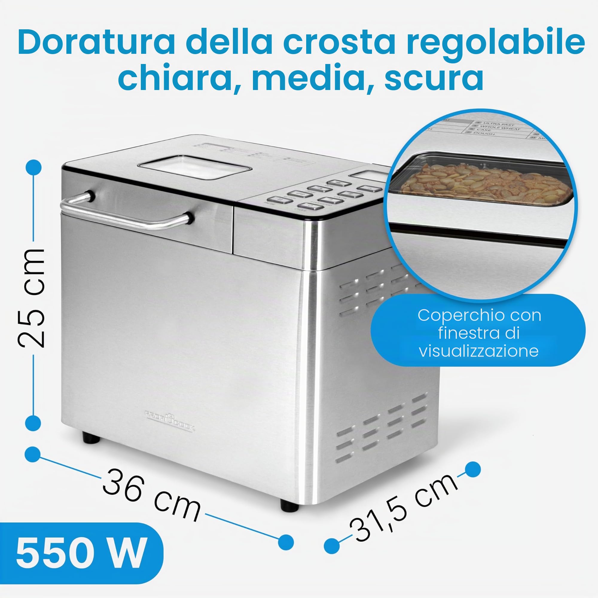 Macchina per il pane ProfiCook® con timer | Doratura della crosta regolabile (chiara, media, scura) | 13 programmi | Bread Maker | Macchina per il pane | PC BBA 1282 | Acciaio inossidabile