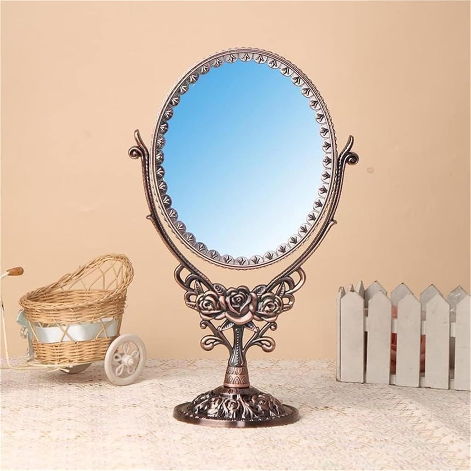 European Style Retro Desktop Double-Sided Makeup Mirrors Large Metal Vanity with Enlarged Beauty