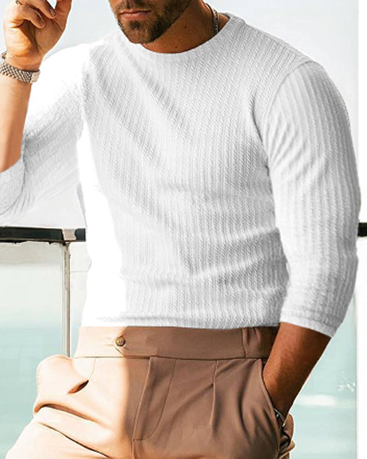 Men's Ribbed Knit T-Shirts Short Sleeve Casual Crewneck Slim Fit Textured Pullover Tees