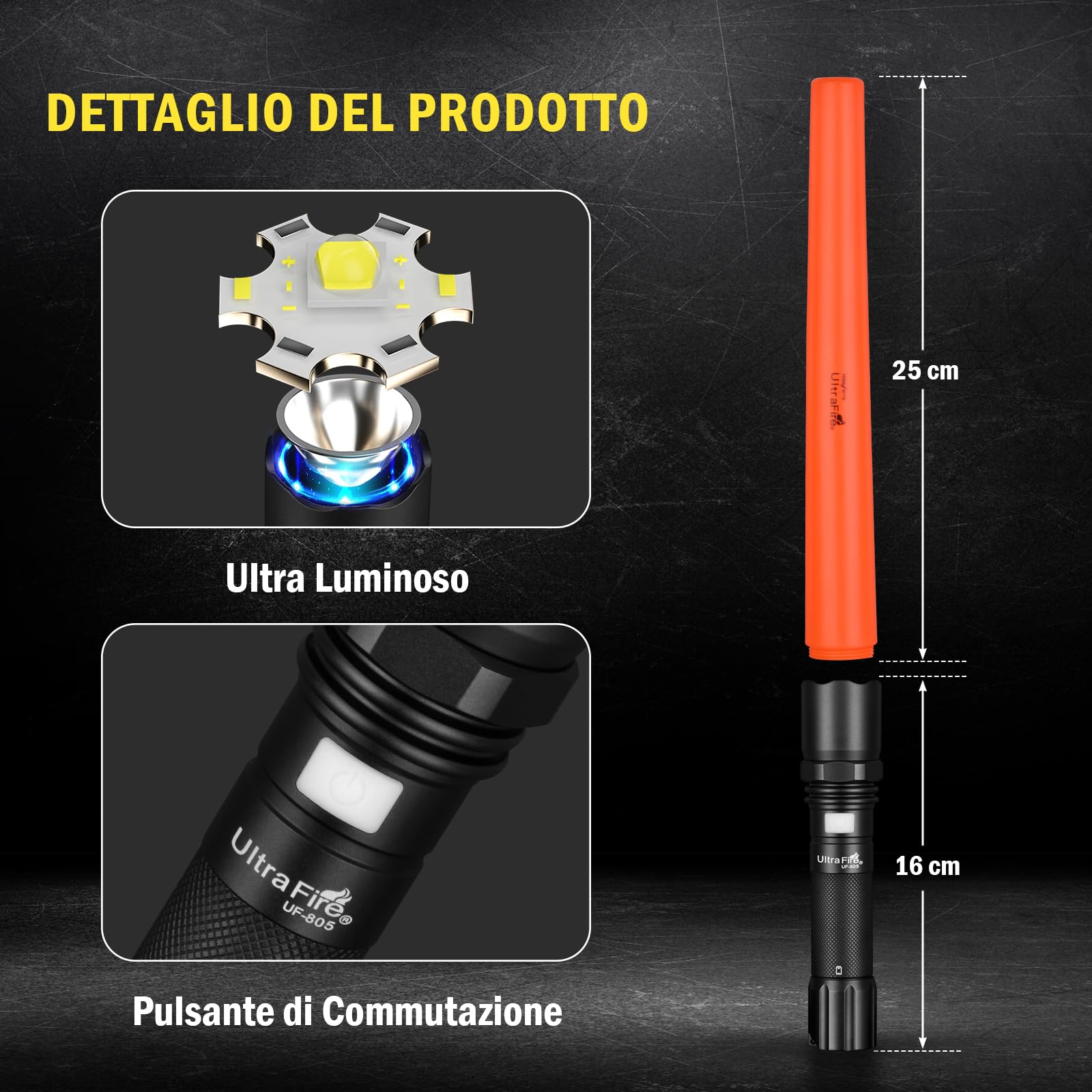 UltraFire Torcia a LED ricaricabile da 40,6 cm, 619 lumen, segnale di sicurezza, 3 modalità con modalità lampeggiante rossa, per controllo stradale, aeroporti, polizia, parcheggio, campeggio