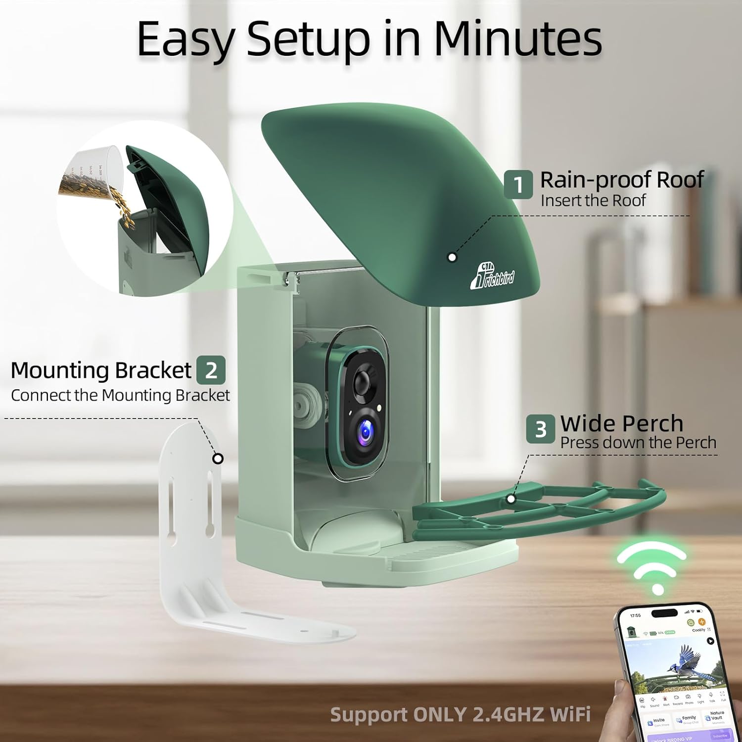 Smart Bird Feeder with 4MP HD Camera, Birdwatching Camera with Free AI Identify Birds & Solar Panel for Outdoors, Auto Video Capture & Instant Notifications, Green