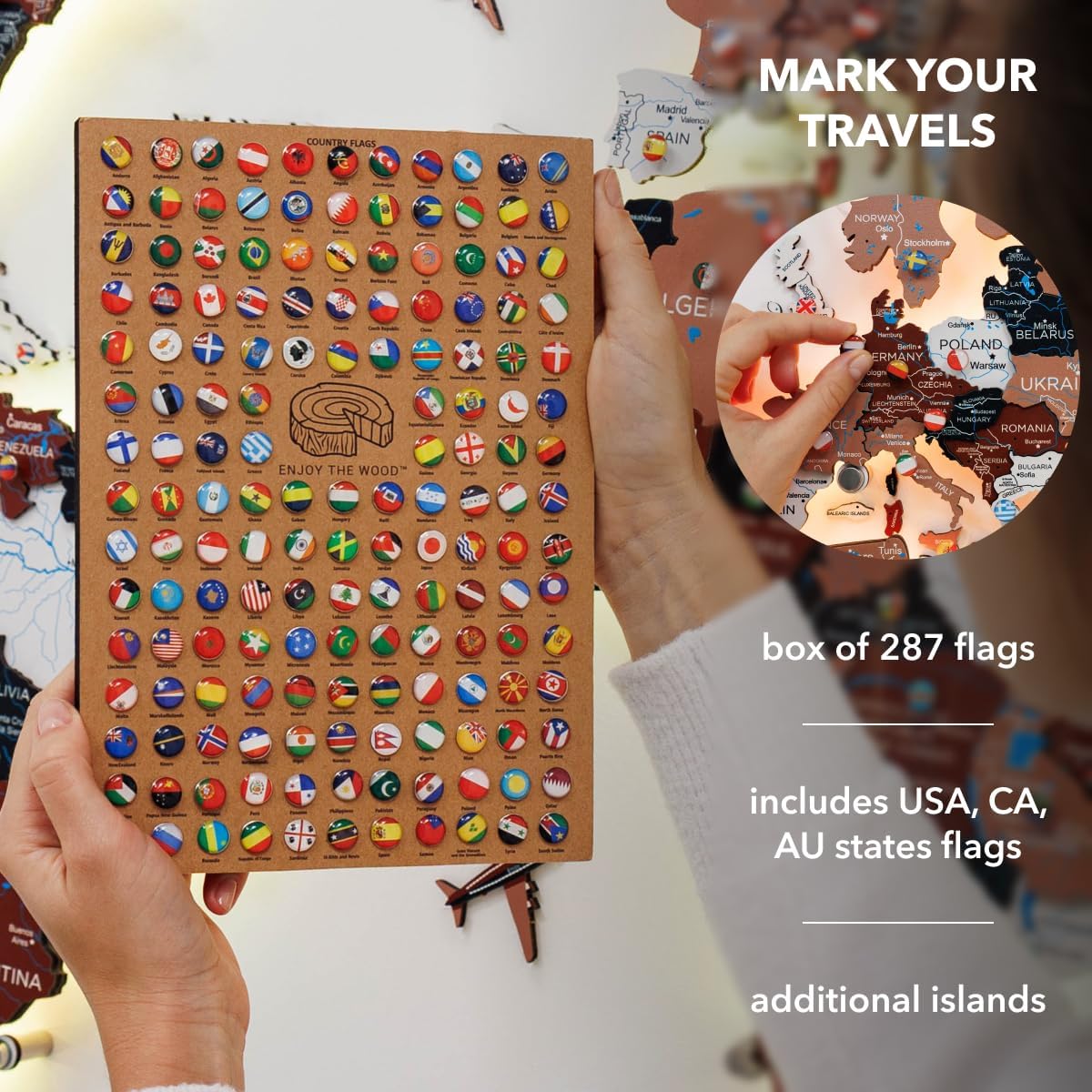 Enjoy The Wood 3D LED Wood World Map 3.0 with Luminous Option - Wall Art Home Decor Gifts - LED Lighting Wall Decor Housewarming Gift Idea - Travel Wooden Maps with Backlighting (Rustic)