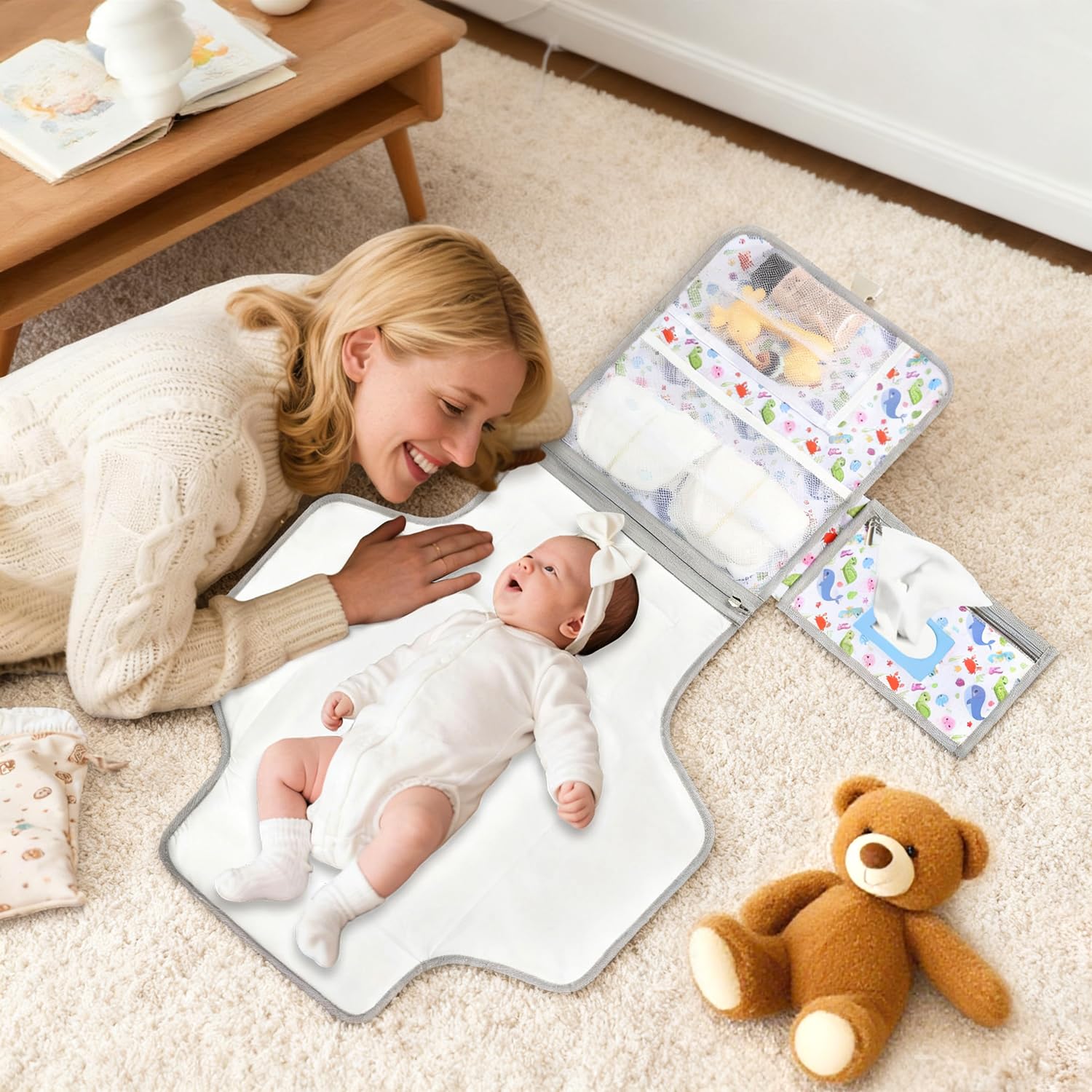 Fasciatoio Portatile per Neonato Pieghevole e Oxford impermeabile, con Cuscino Ergonomico e Dispenser e Spazi Stoccaggio,Regalo Nascita Perfetto per Maschio e Femmina,(Animali Marini)