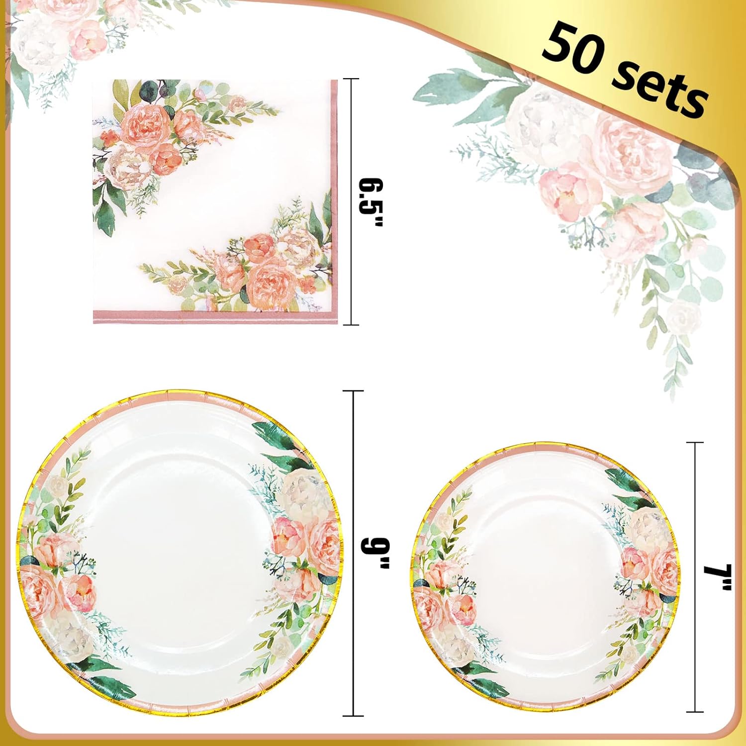 Floral Party Supplies - Paper Plates and Napkins Sets for 50 Guests - Include Floral Party Disposable Paper Dinner Plates, Napkins for Baby or Bridal Shower, Birthday, Wedding - Image 2