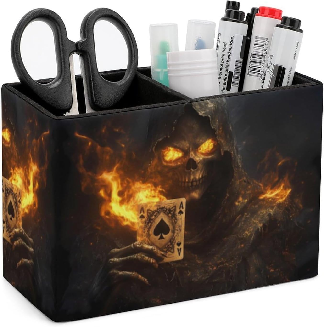 Death Holding Ace of Spades Pencil Pen Holder PU Leather Desk Storage Organizer Makeup Brush Box