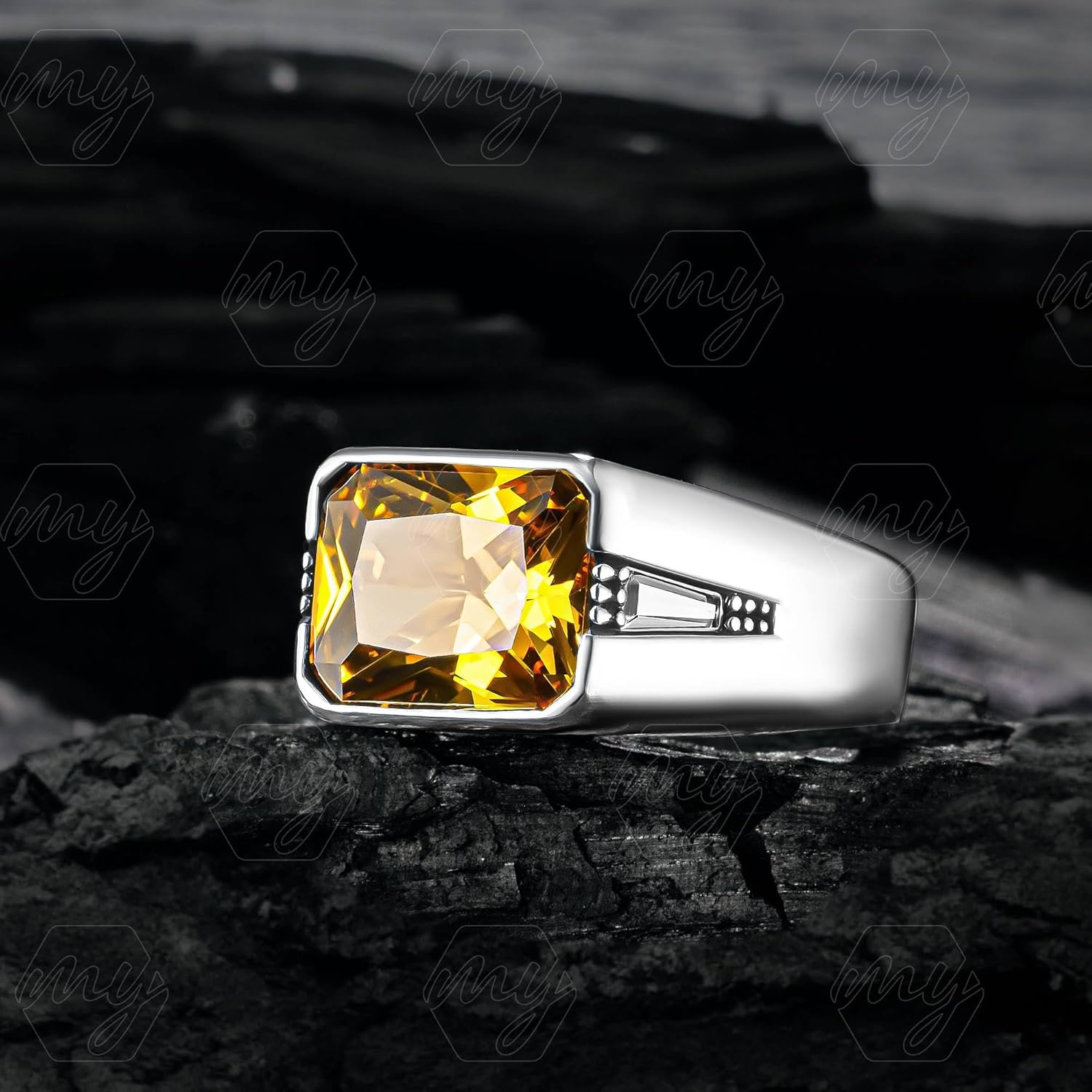 925 Sterling Silver Rectangle Shape Yellow Citrine Turkish Men's Ring