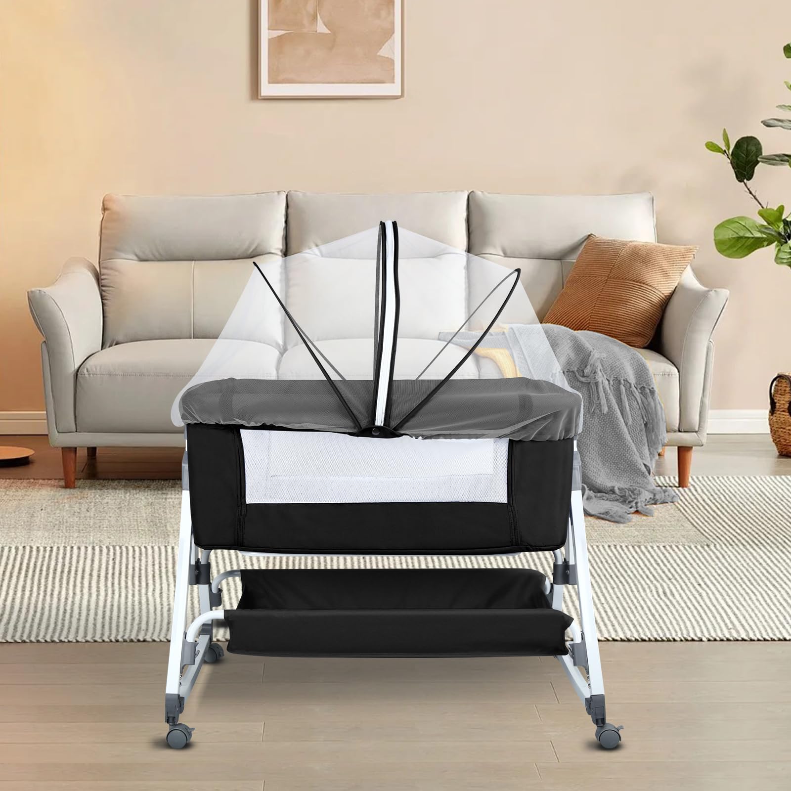 homewell 2 in 1 Beistellbett Baby & Babywiege mit Moskitonetz, Stubenwagen Baby Faltbar, 6 Fach Höhenverstellung und Neigungsverstellung, Seiten aus Netz, für Zuhause und Unterwegs (Schwarz)