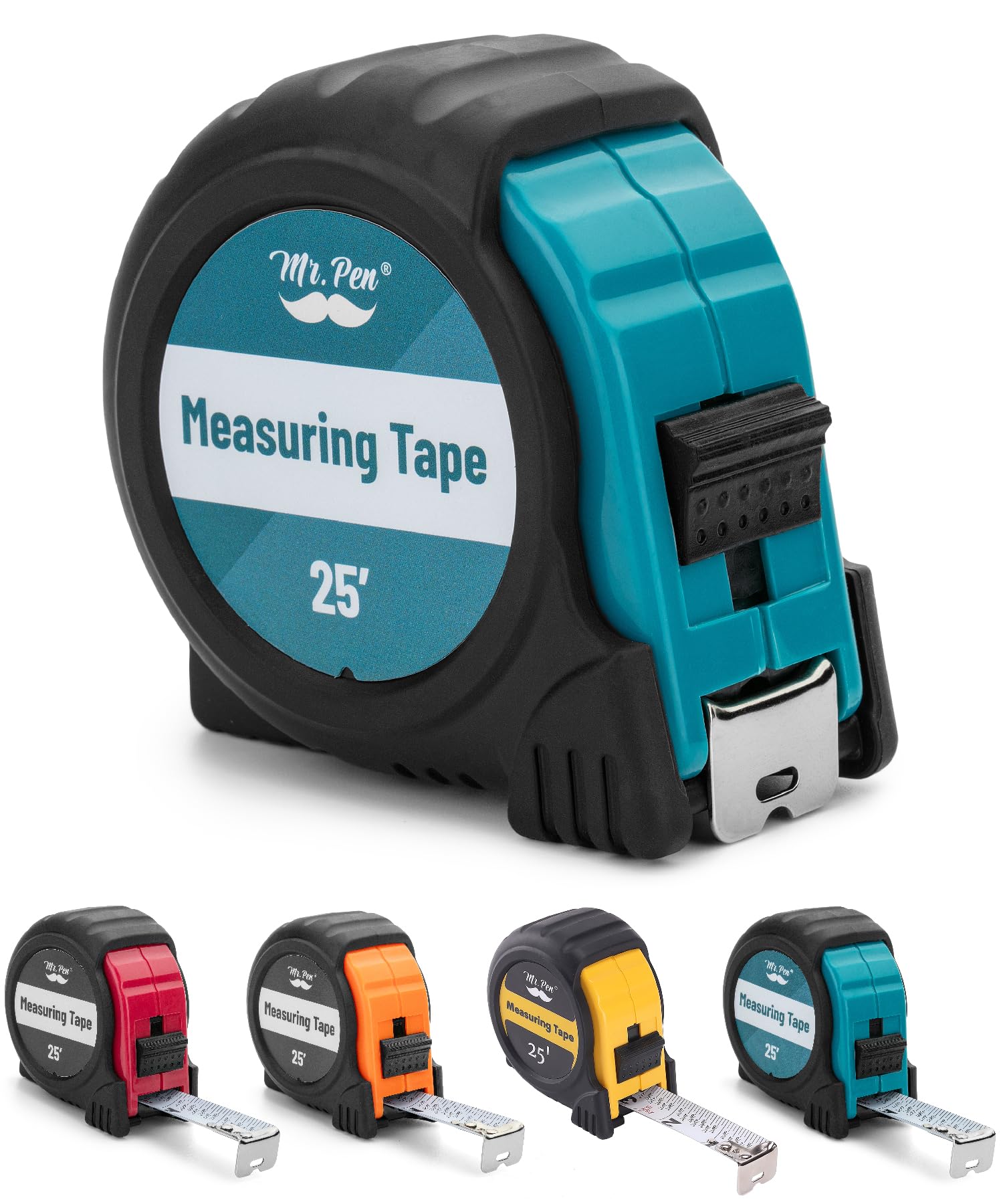 Mr. Pen 25-Foot Steel Retractable Tape Measure with Fractions, Easy Read - Teal/Black