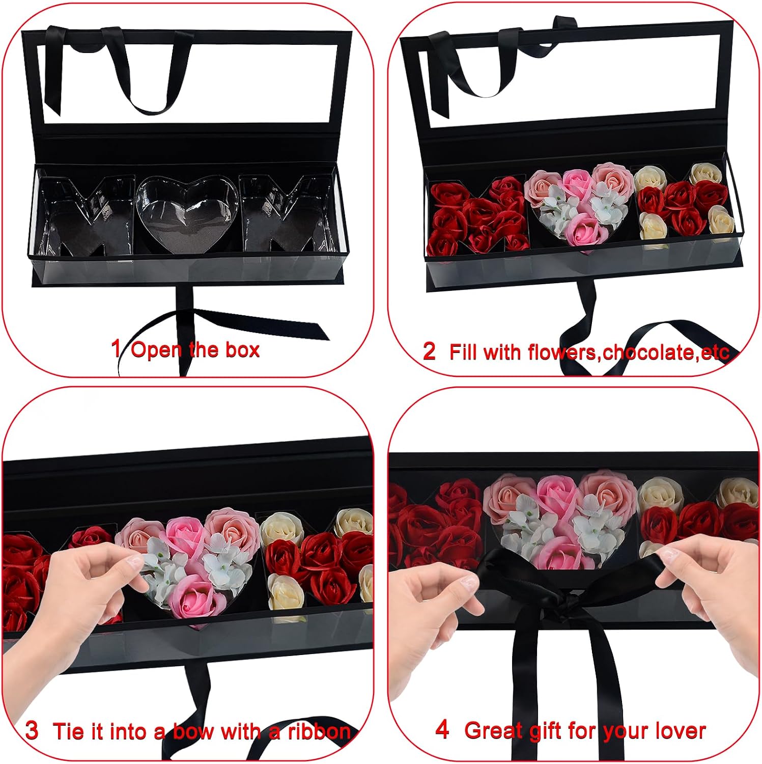 Empty Mother's Day Flower Box: MOM Letters Shaped Fillable Cardboard Boxes with Ribbon and Lid for Mothers Birthday, Valentine's Day, Christmas, Roses Chocolate Jewelry Packaging, DIY Bouquet (Black)
