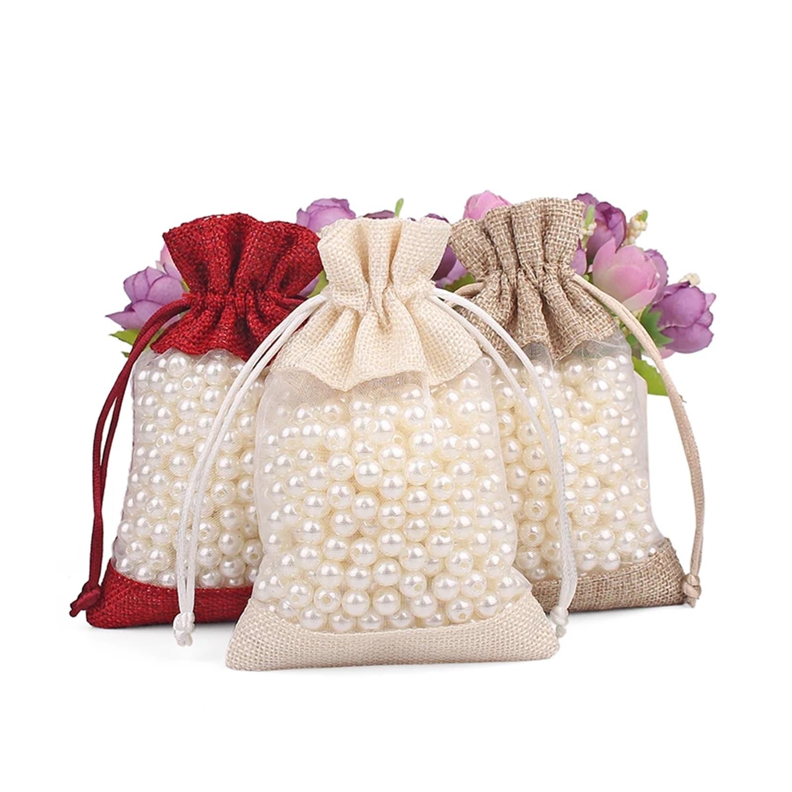 WENH 50 szt. Lniana torba Organza saszetka ze szwem sznurek do pakowania biżuterii woreczki na prezenty weselne(Multi,15X20CM_OTHER)
