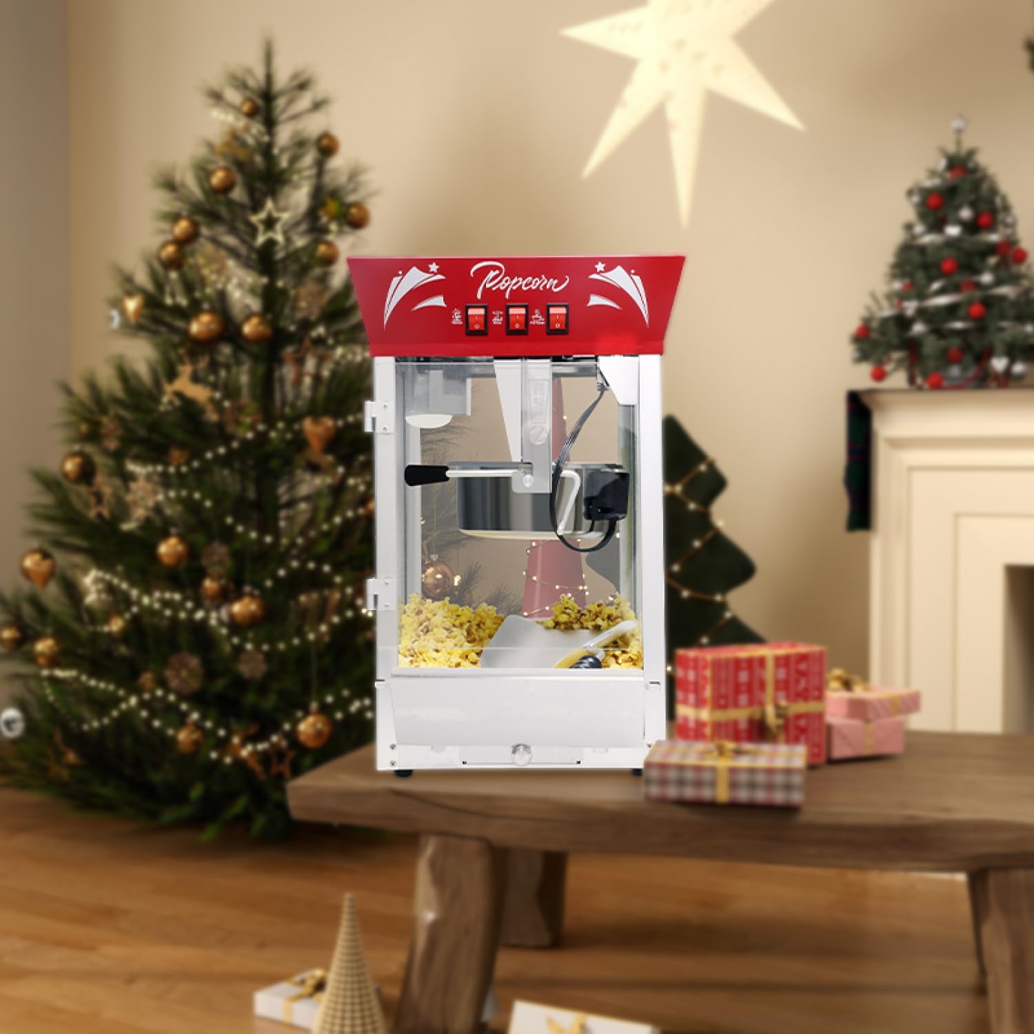 Commercial Popcorn Maker Machine, 12 oz Stainless Steel Popcorn Popper with Tempered Glass, Warming Deck, Countertop for Parties, Events, Home Theater, Red