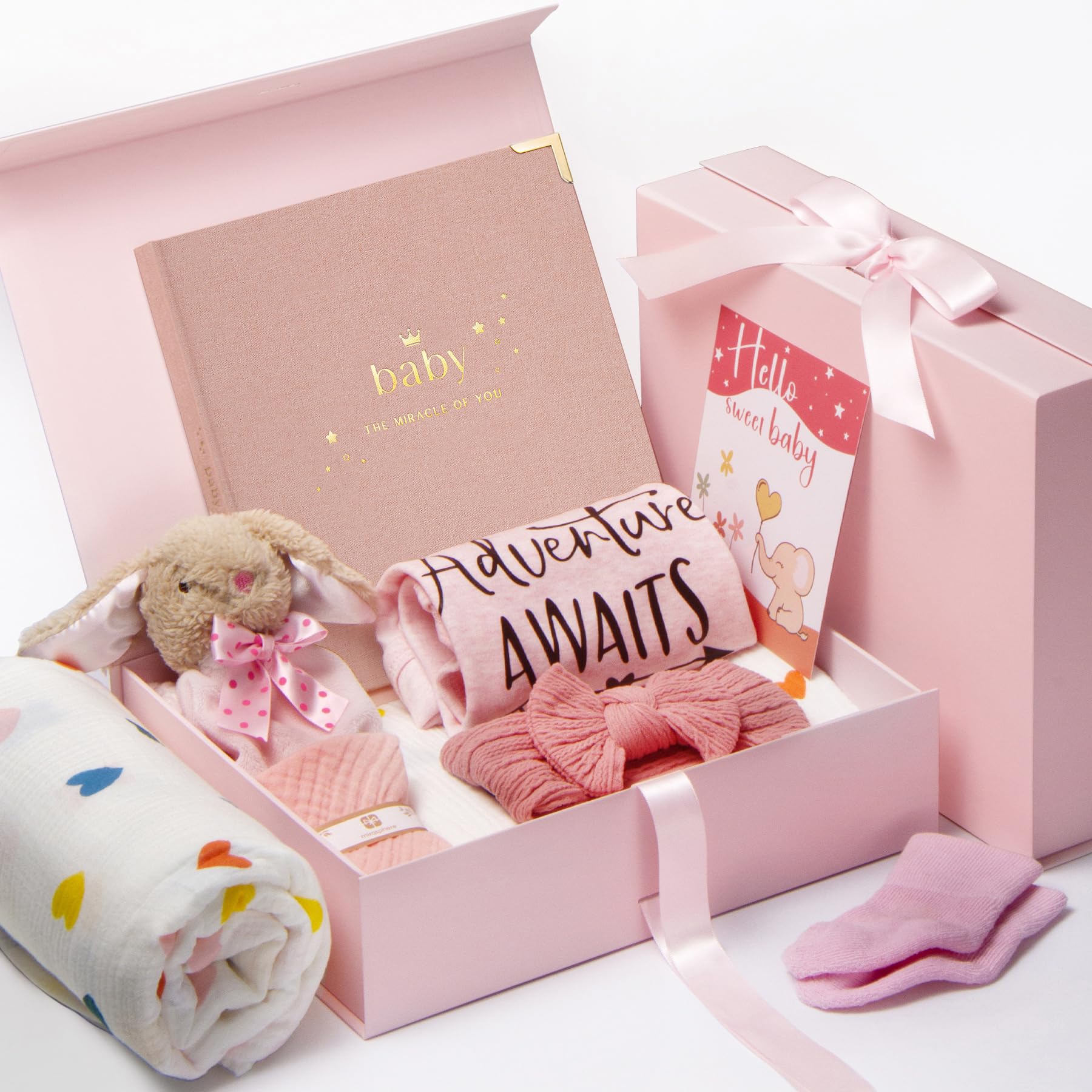 Regalo para recién nacidas, niñas, regalos para baby shower, canasta de regalo para niña, incluye libro de recuerdos, manta envolvente, fiesta de bienvenida, idea de regalo para revelar el género de la niña.