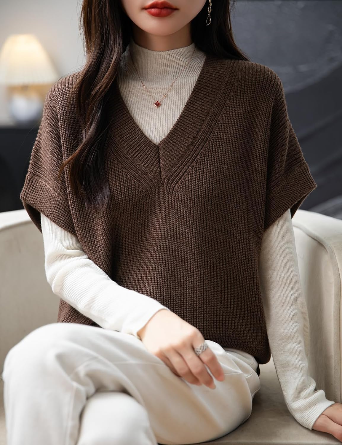 Women's Merino Wool Blend Sweater Vest 2025 Fall Winter Casual V Neck Sleeveless Knit Pullover Sweater - Image 2
