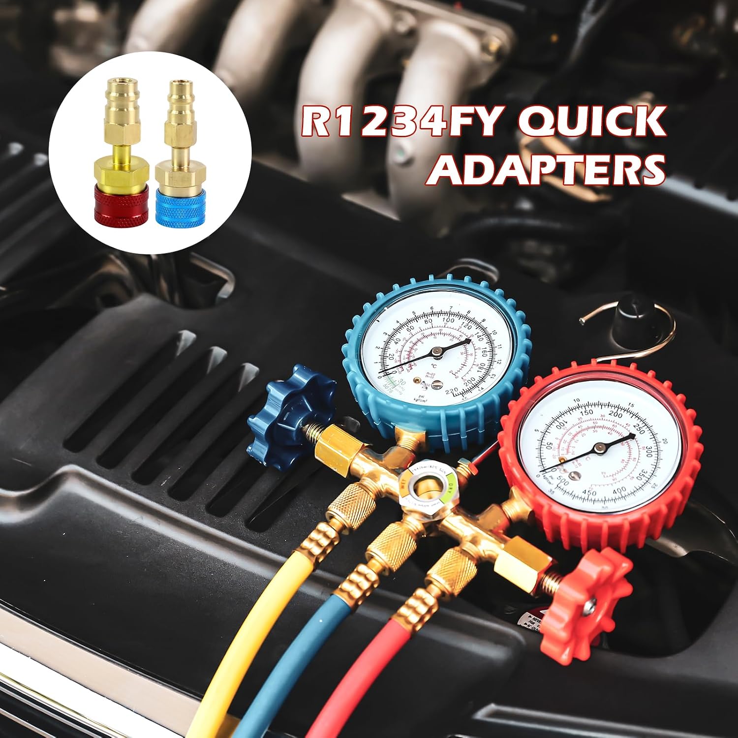 R1234yf Adapter, R-1234yf to R134a Quick Coupler, Blue and Red High Low Side Connector Conversion Kit for AC Charging R1234yf Refrigerant Air Conditioning System Hose Fitting