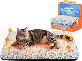 WanpeeGoo Self-Warming Cat Bed 2.0 Upgraded Thermal Foil Heated Pad, Plush Non-Slip Washable Cover, 15x19 Inch Indoor Outdoor Pet Mat