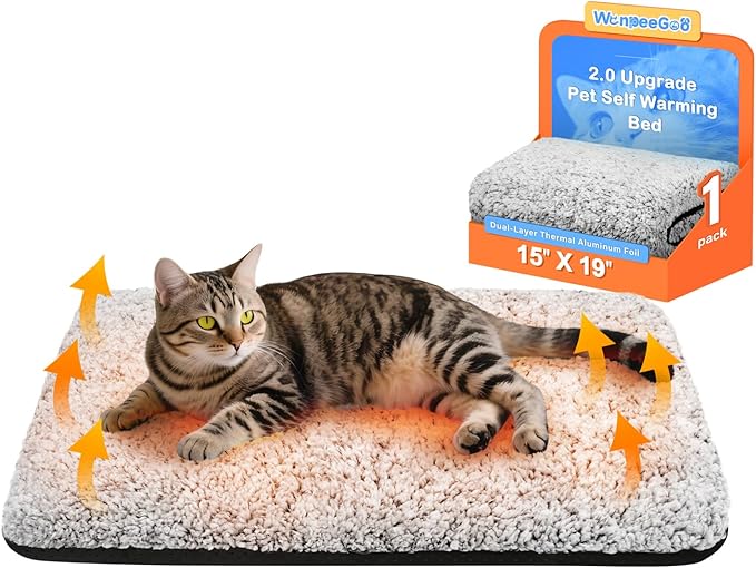 WanpeeGoo Self Warming Cat Bed, Heated Cat Bed, 2.0 Upgraded Thermal Foil Heating Pad, Plush Self-Heating Pet Mat for Crate, Floor, with Removable Washable Cover, Non-Slip, 15"x19"