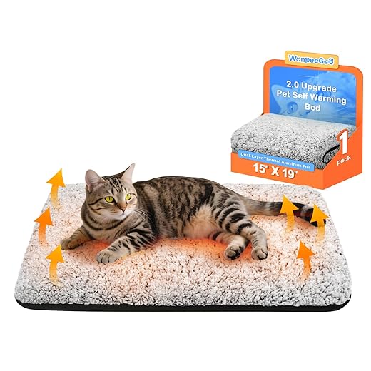 Self Warming Cat Bed, Heated Cat Bed, 2.0 Upgraded Dual-Layer Thermal Foil Heating Pad, Plush Self-Heating Pet Mat for Crate, Floor, with Removable Washable Cover, Non-Slip, 15"x19"