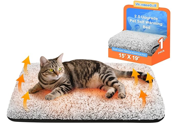WanpeeGoo Self Warming Cat Bed, Heated Cat Bed, 2.0 Upgraded Thermal Foil Heating Pad, Plush Self-Heating Pet Mat for Crate, Floor, with Removable Washable Cover, Non-Slip, 15"x19"