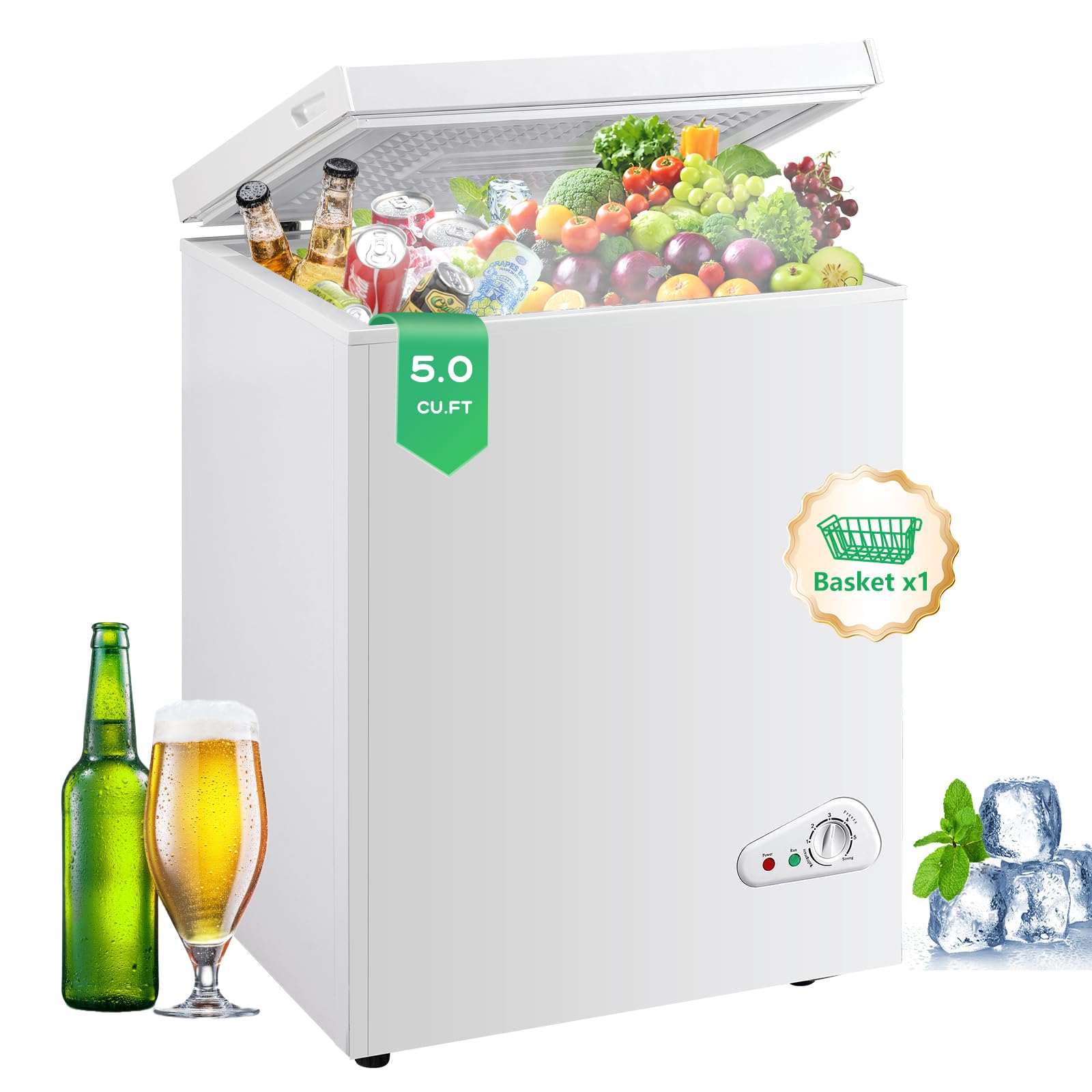 BINMIT Congelador horizontal de 5.0 pies cúbicos, congelador profundo con canasta extraíble, control de temperatura ajustable de 6 velocidades, de 18 °F a 50 °F, congelador profundo compacto para cocina, casa, oficina, garaje, tienda, vehículos recreativos, color blanco