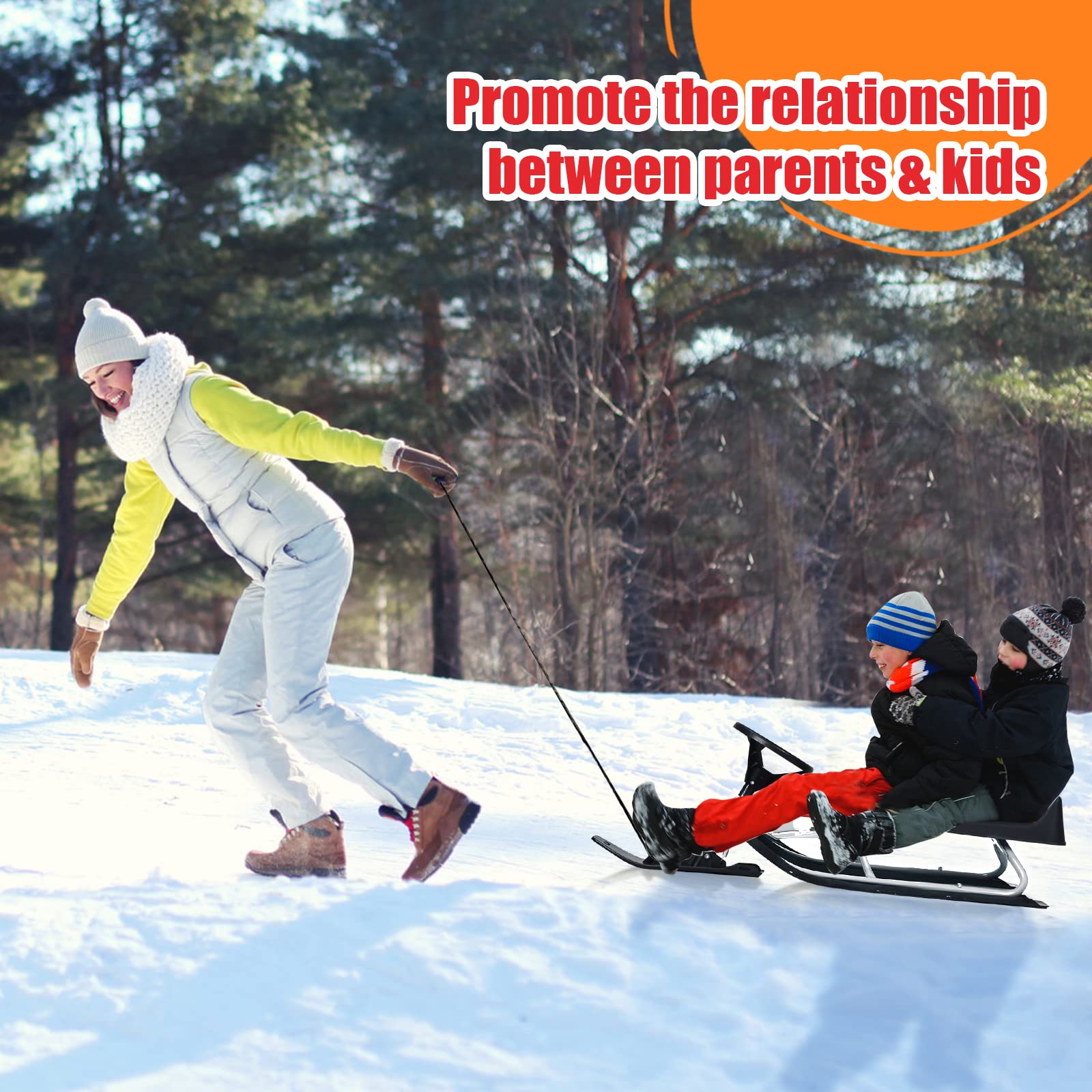 GOPLUS Luge d’Hiver Snowracer Enfants, avec Volant, 2 Freins et Amortisseur de Chocs, Luge de Direction avec Corde de Traction, Jouet d'Extérieur pour 4 Ans+, Charge 75 kg,Gris/Rouge