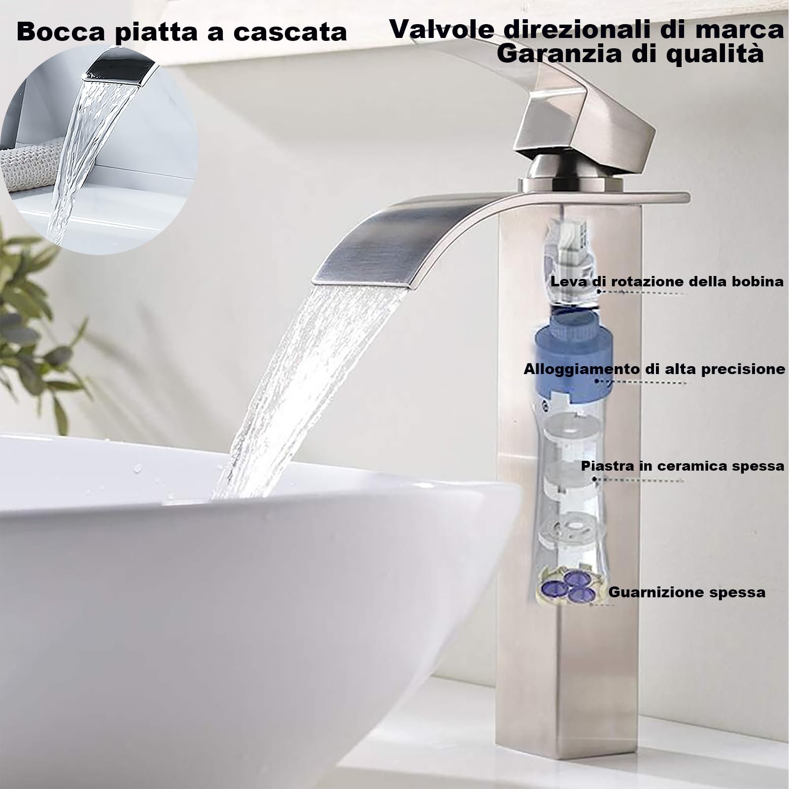 XWIHTR Rubinetto da bagno a cascata, rubinetto per lavabo, rubinetto per lavabo a una maniglia; bocca calda e fredda, silenzioso; rubinetto da bagno in ottone in acciaio inox (spazzolato-h)