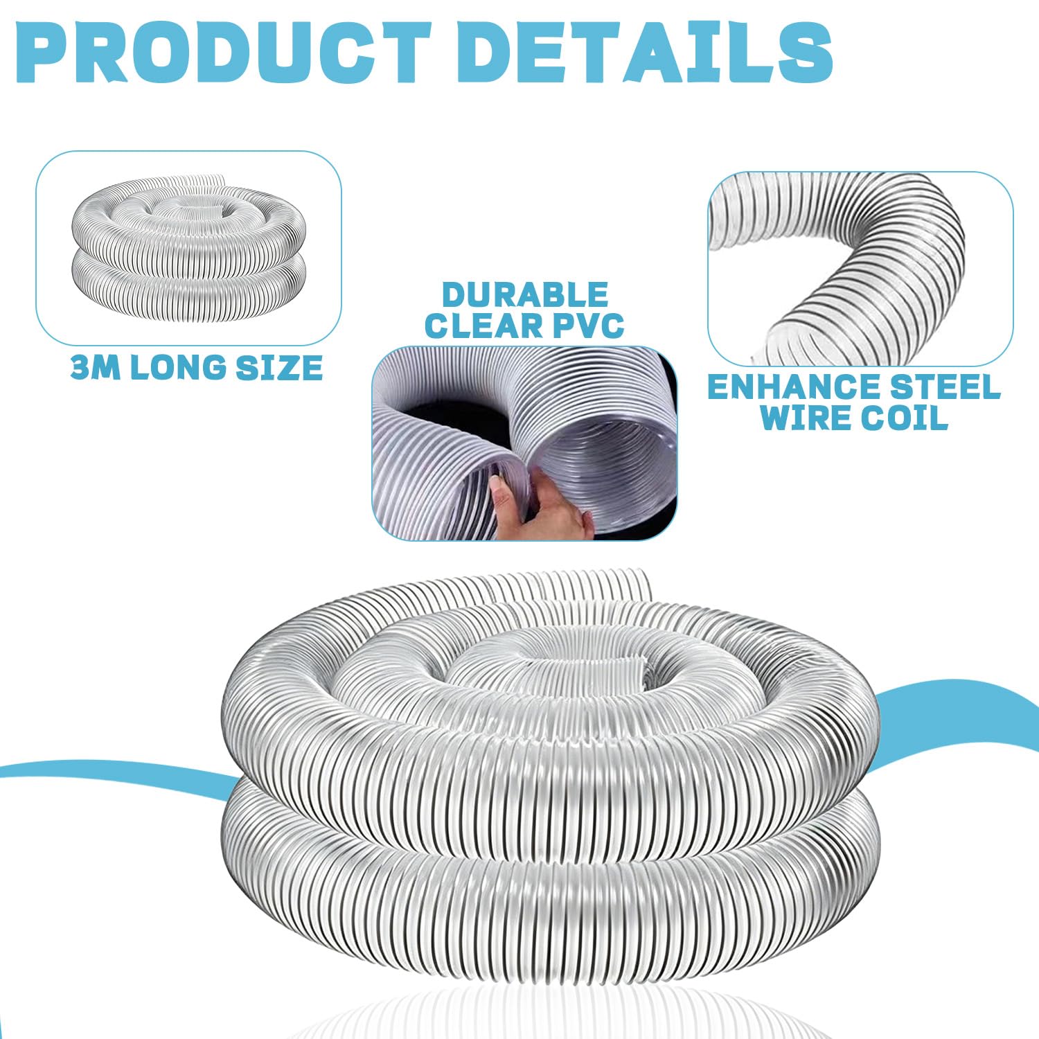 3M 50mm Transparenter PVC Staubsammelschlauch, Staubsaugerschlauch Absaugschlauch Staubsauger Schlauch Universal PVC Rohr Transparent Spiralschlauch für Werkstattstaubsauger Teichpumpe