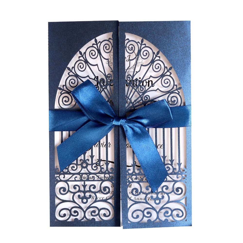 Invitations Mariage Bleu Marine Dentelle Laser 5x7 Pouces 20 PCS