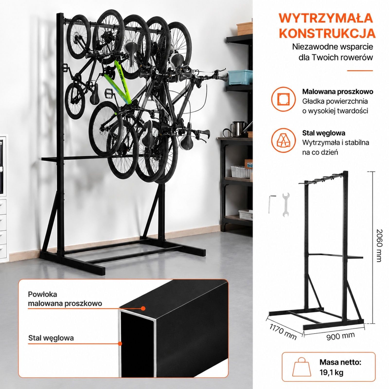 Pionowy stojak rowerowy na 5 sztuk z 5 hakami, stal węglowa, udźwig 136 kg, czarny strukturalny, do garażu, salonu i szopy