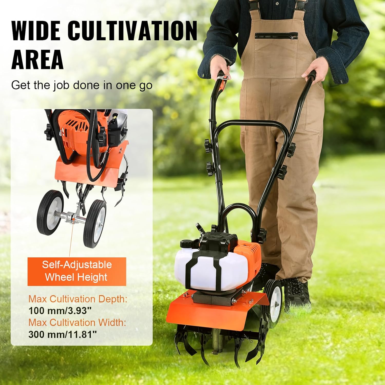 VEVOR tiller cultivating soil, highlighting its wide cultivation area and adjustable wheel height for depth control.